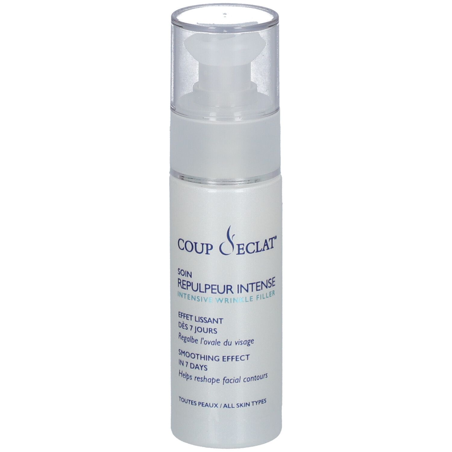 Flacon blanc avec pompe. Inscription: Coup d'Eclat, Repulpeur Intense. Texte: Effet Lissant, Smoothing Effect.