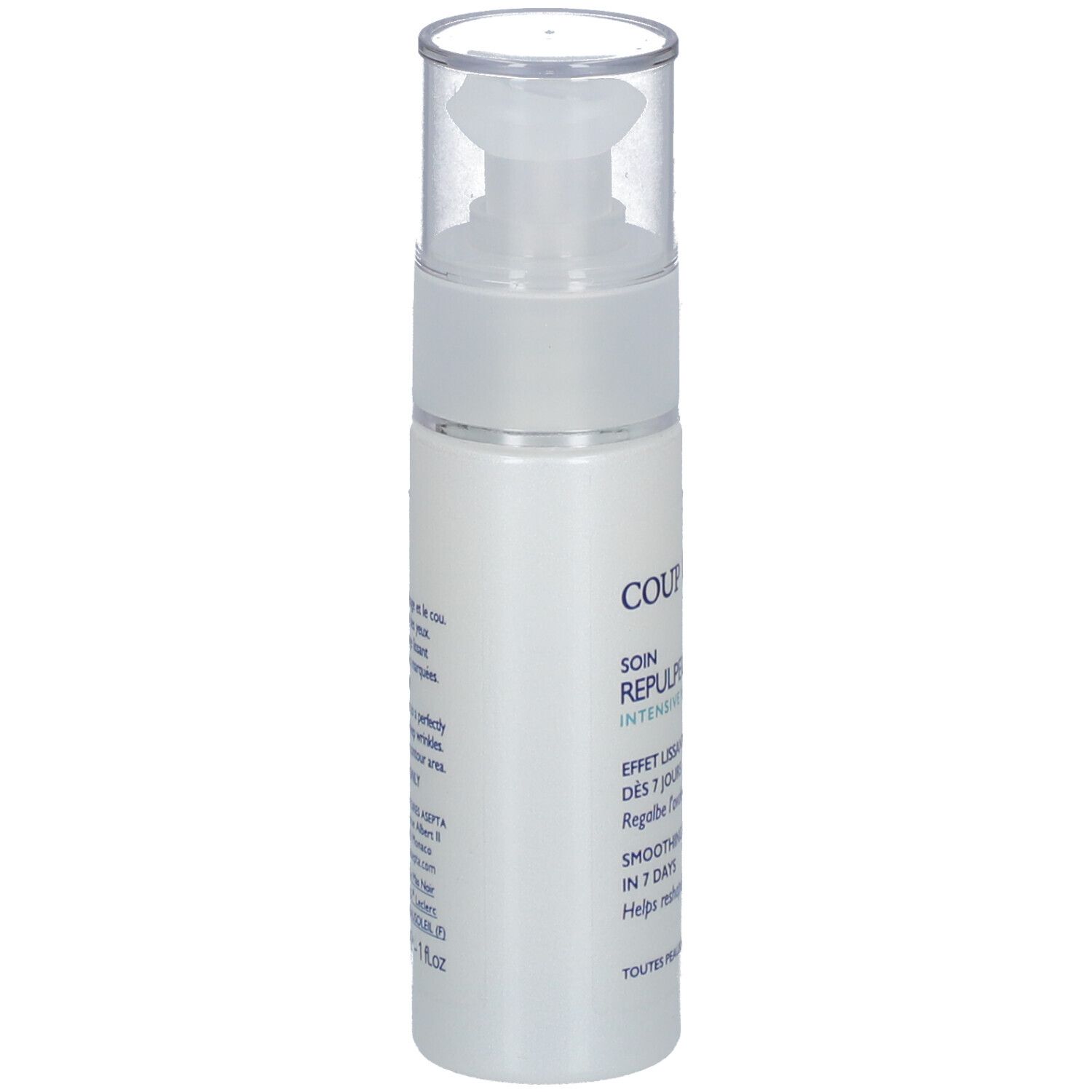 Flacon blanc avec pompe. Inscription: Coup d'Eclat, Repulpeur Intense. Texte: Effet Lissant, Smoothing Effect.