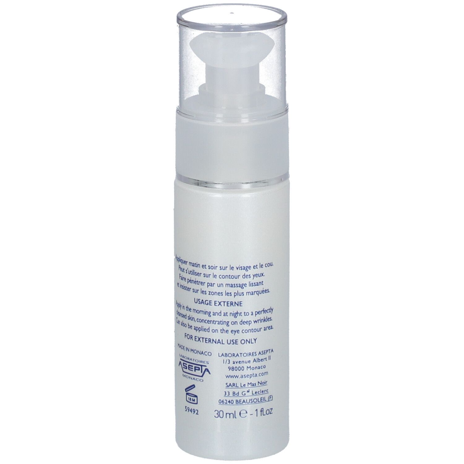 Flacon blanc avec pompe. Inscription: Coup d'Eclat, Repulpeur Intense. Texte et informations d'utilisation.
