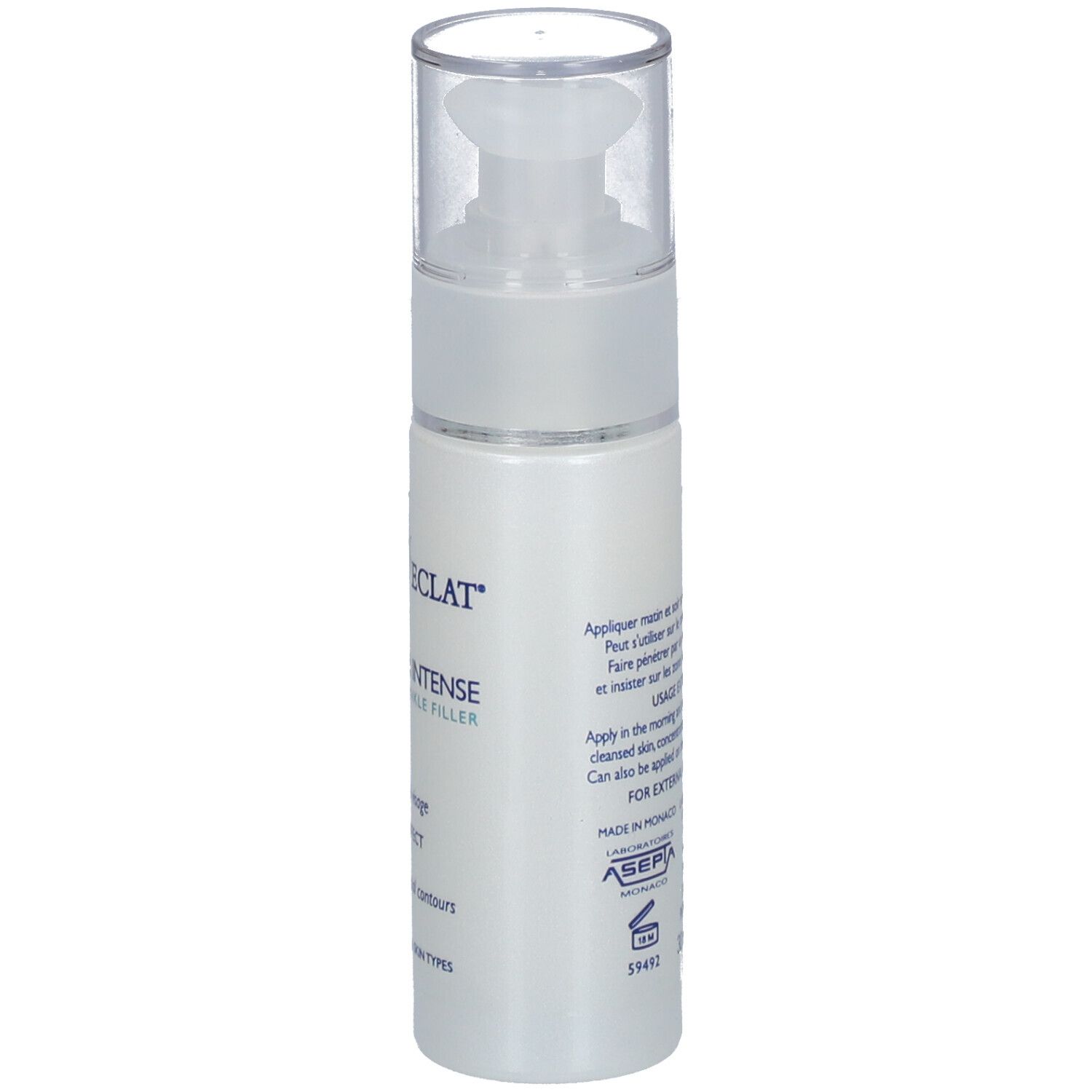 Flacon blanc avec pompe. Inscription: Coup d'Eclat, Repulpeur Intense. Texte et informations d'utilisation.