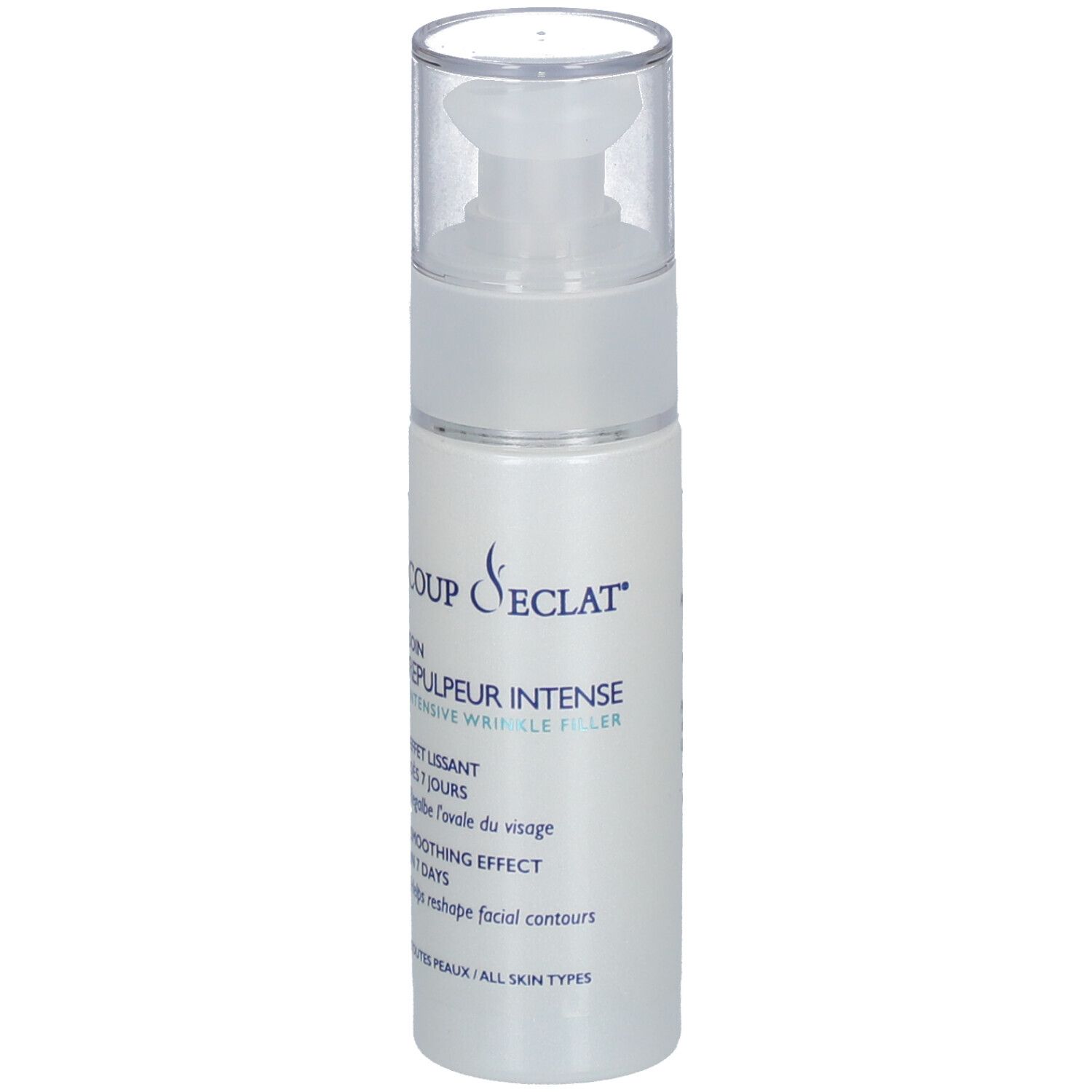 Flacon blanc avec pompe. Inscription: Coup d'Eclat, Repulpeur Intense. Texte: Effet Lissant, Smoothing Effect.