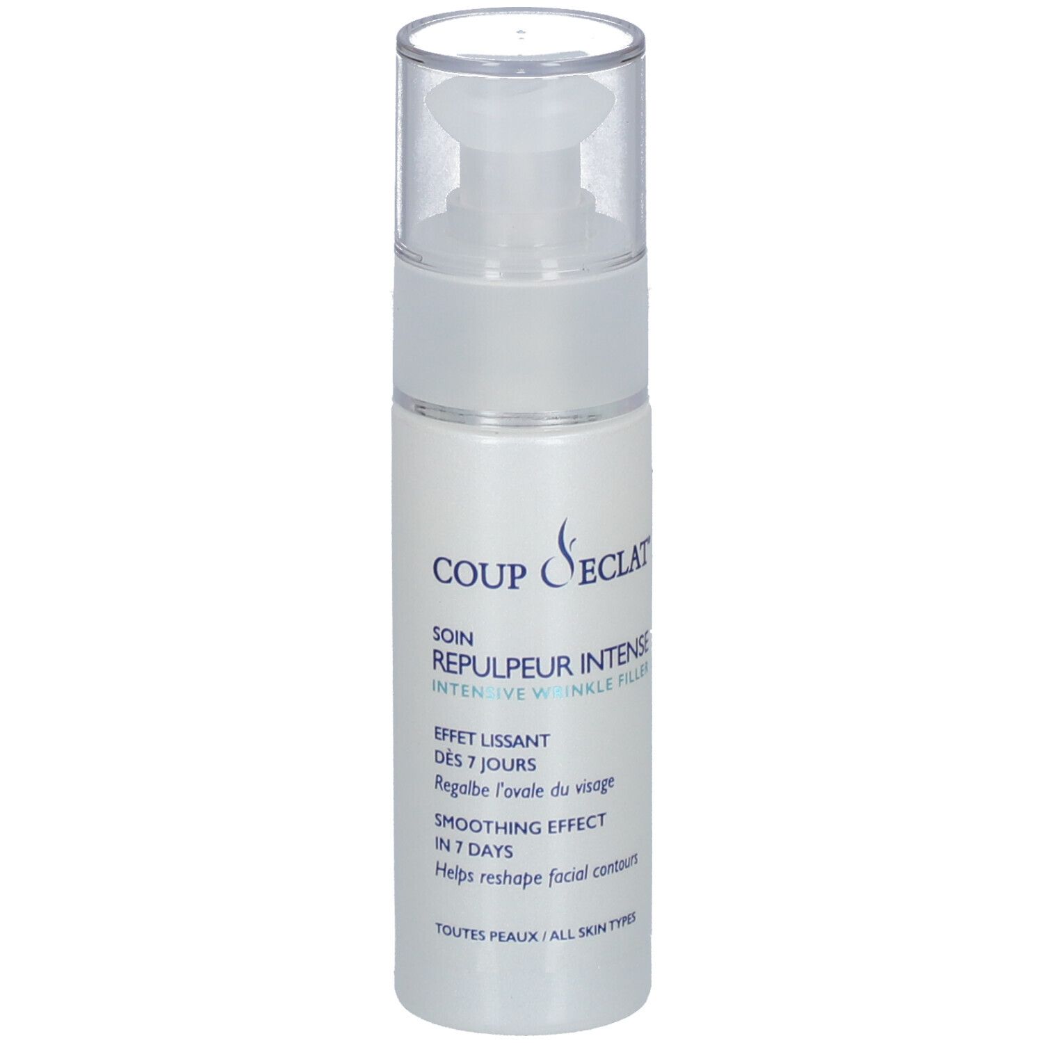 Flacon blanc avec pompe. Inscription: Coup d'Eclat, Repulpeur Intense. Texte: Effet Lissant, Smoothing Effect.