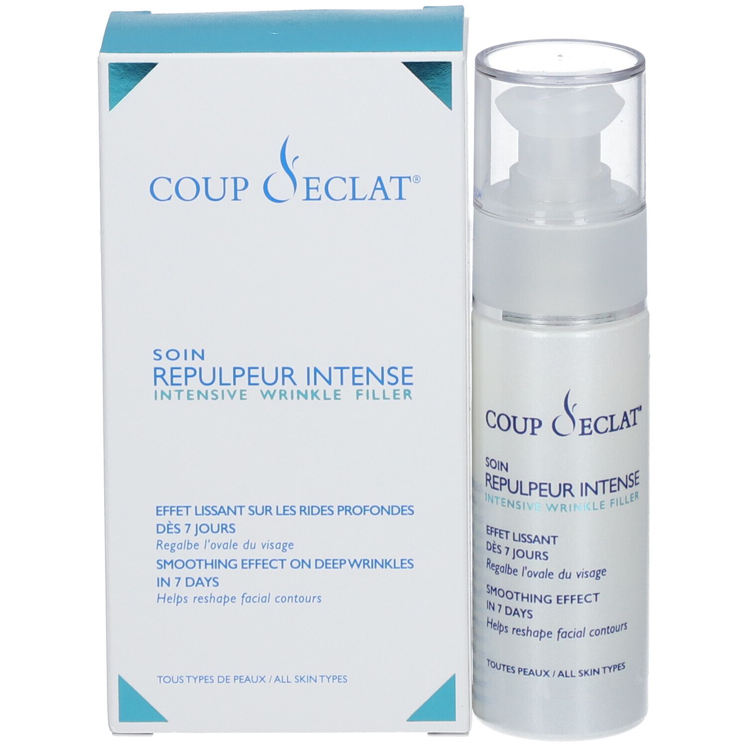 Flacon et emballage. Inscription: Coup d'Eclat, Repulpeur Intense. Texte: Effet Lissant, Smoothing Effect.