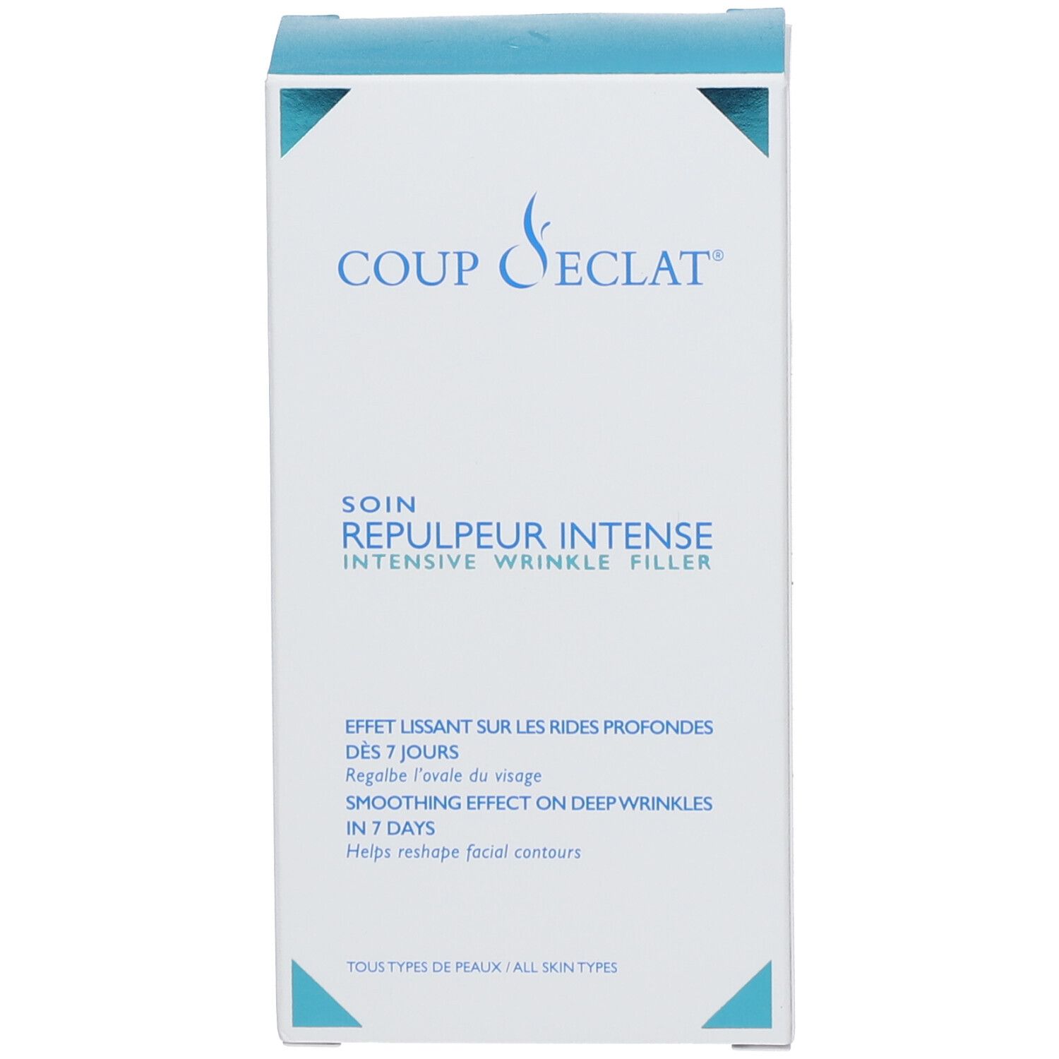 Emballage du produit. Inscription: Coup d'Eclat, Repulpeur Intense. Texte: Effet Lissant, Smoothing Effect.