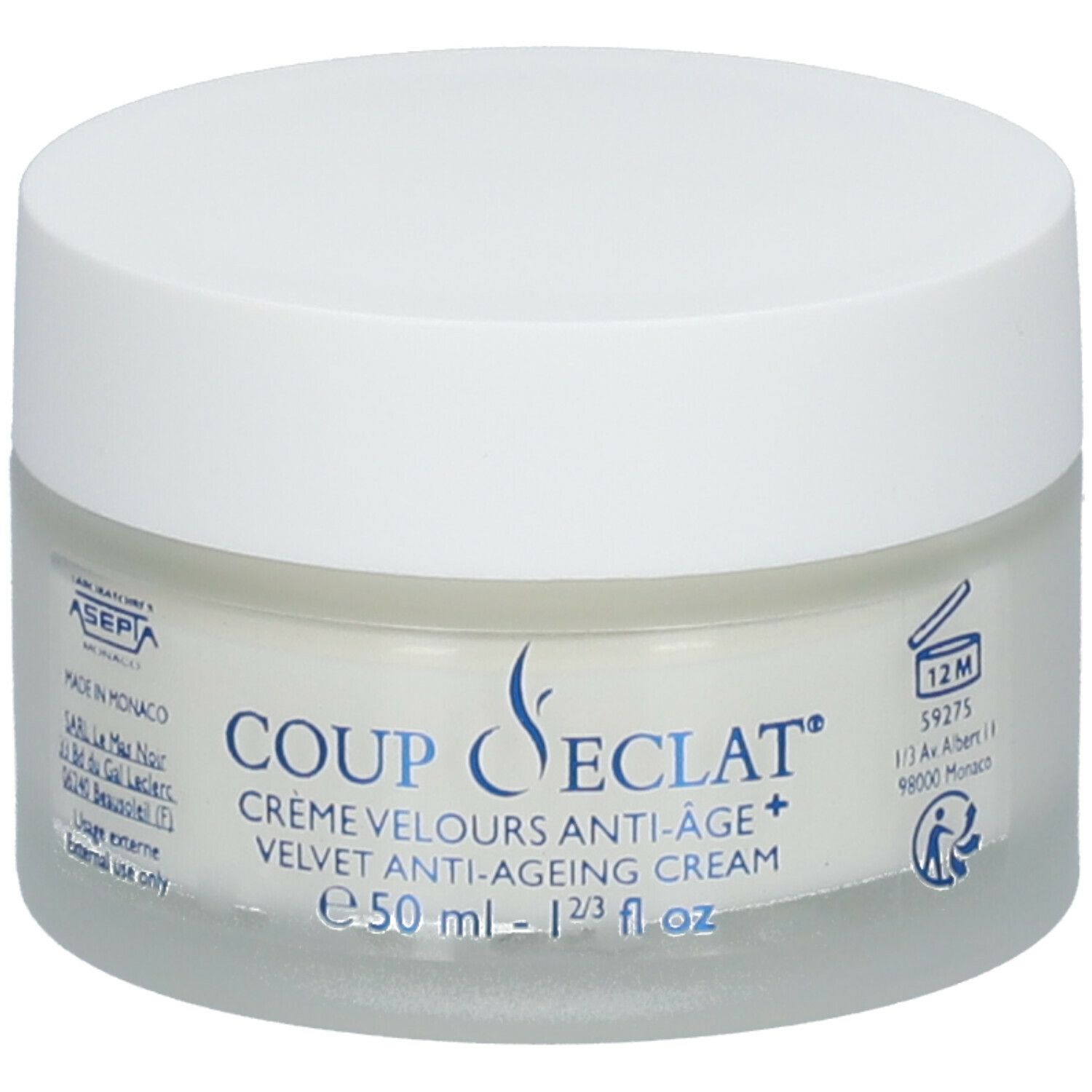 Crèmepot met witte deksel. Coup d'Eclat® Crème Velours Anti-Âge. 12M-symbool.