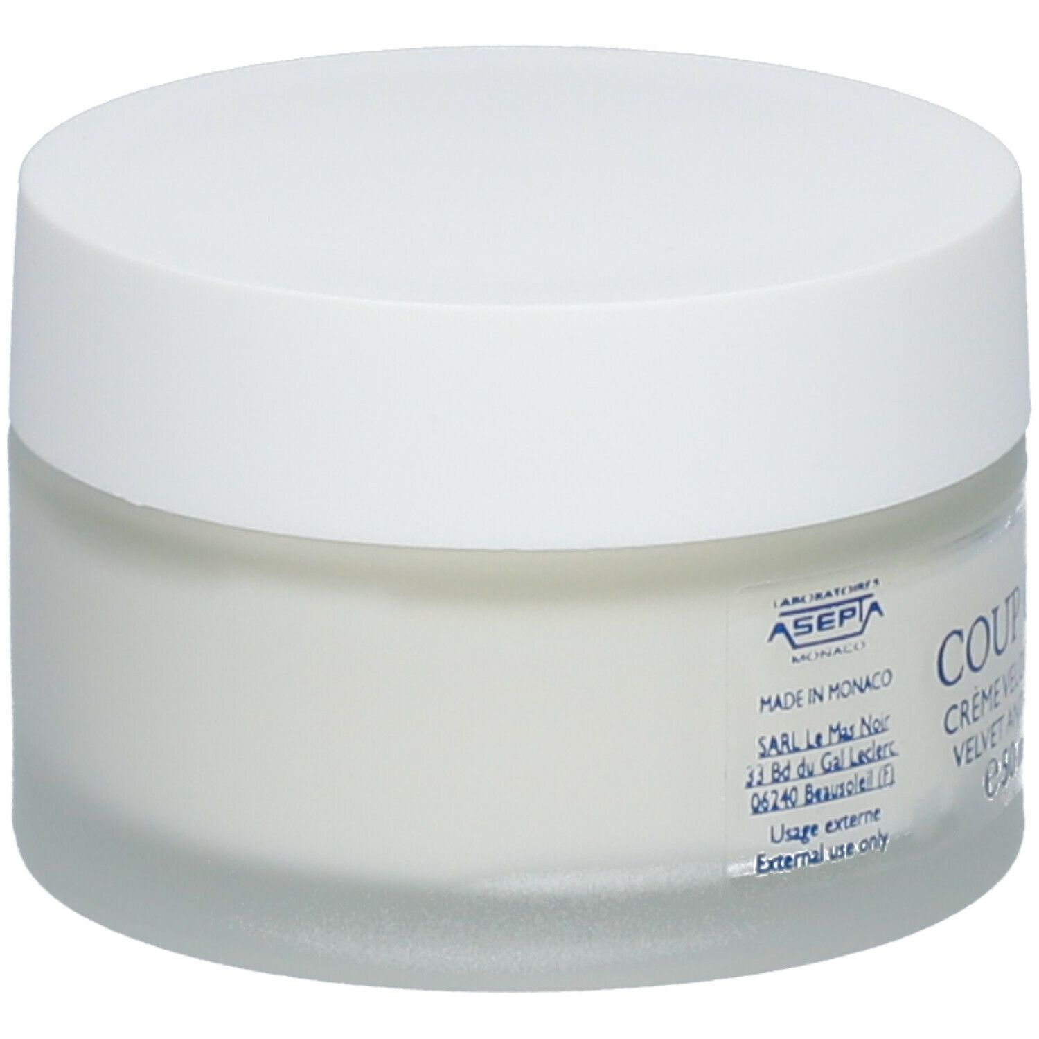 Crèmepot met witte deksel. Coup d'Eclat® Crème Velours Anti-Âge. 12M-symbool.