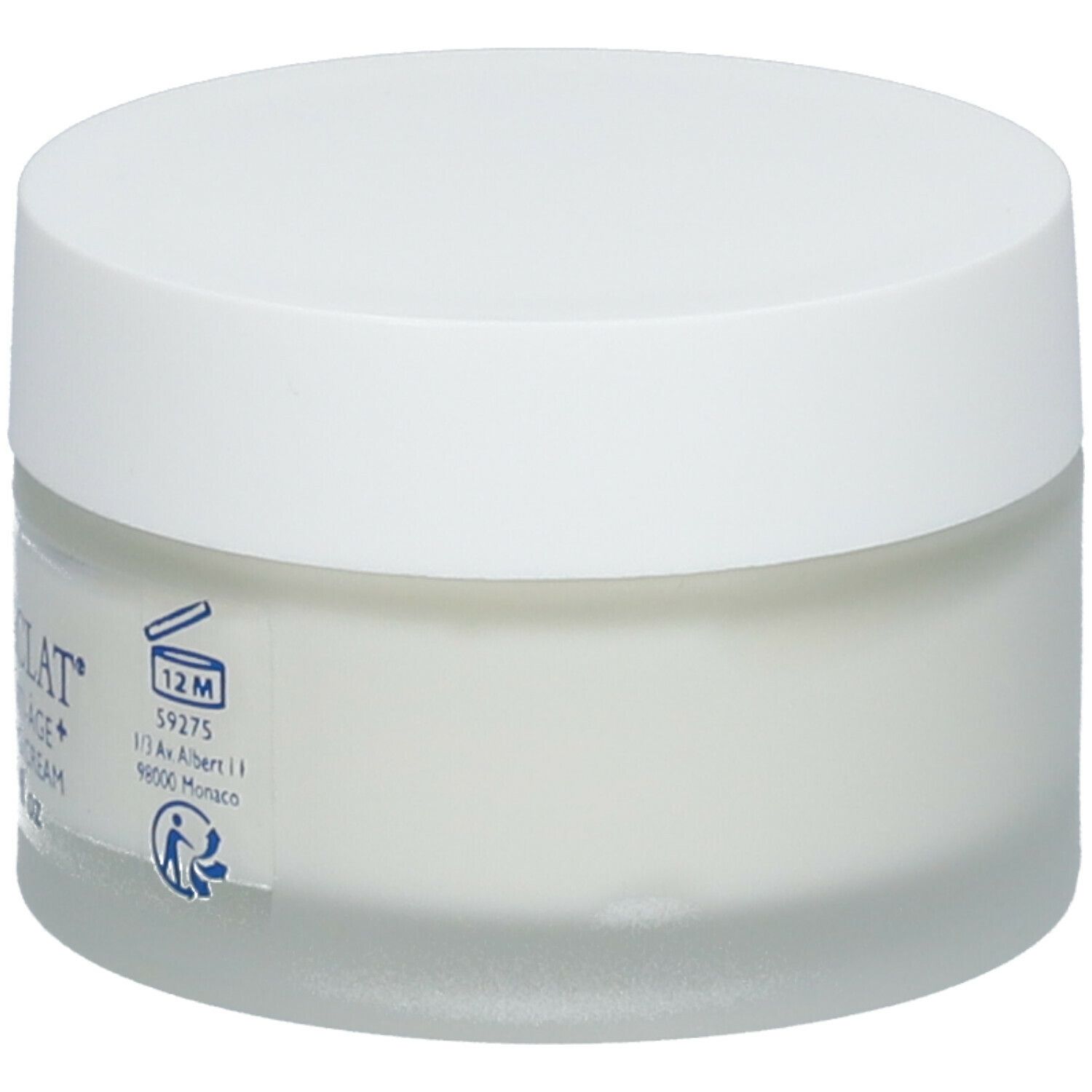 Crèmepot met witte deksel. Coup d'Eclat® Crème Velours Anti-Âge. 12M-symbool.