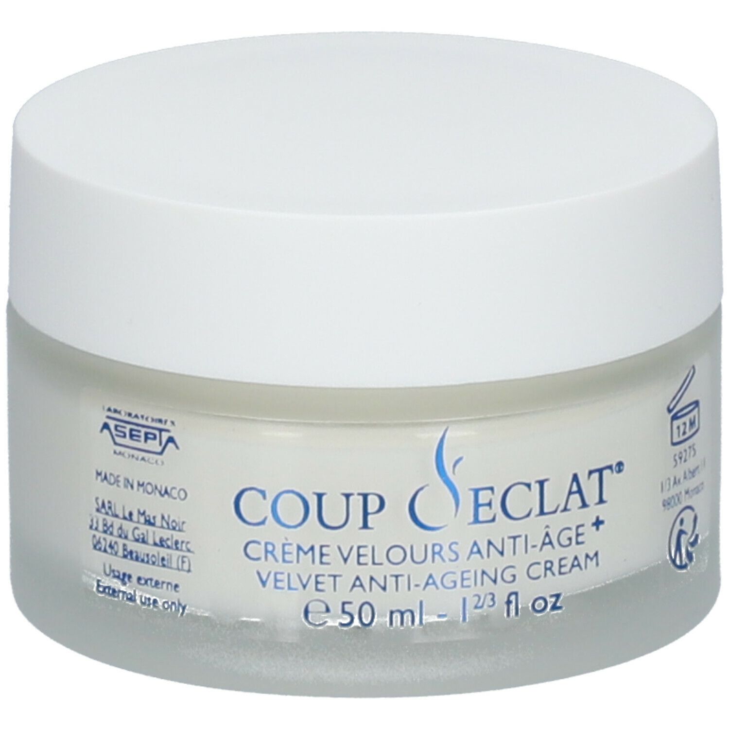 Crèmepot met witte deksel. Coup d'Eclat® Crème Velours Anti-Âge. 12M-symbool.