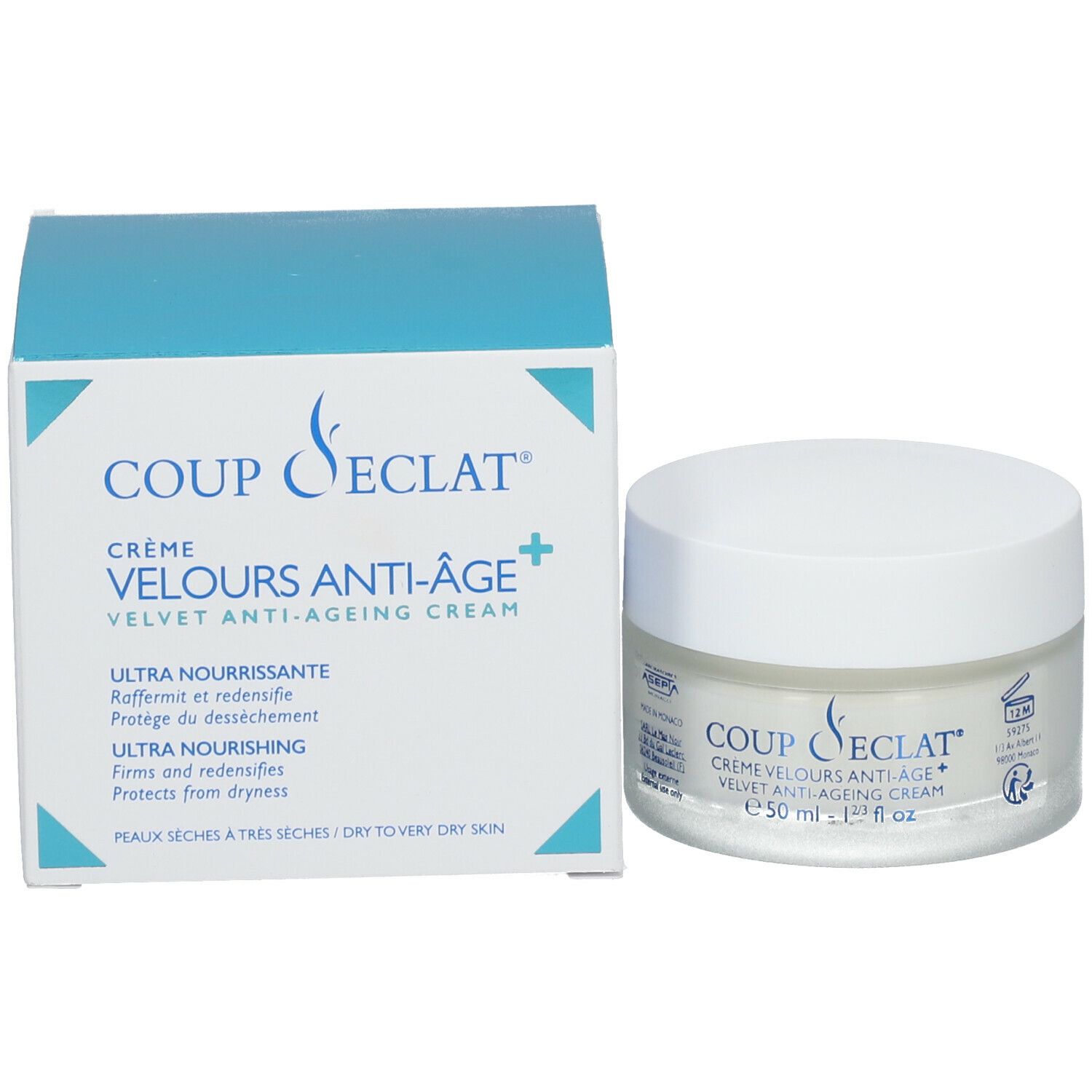 Crèmepot en doos. Coup d'Eclat® Crème Velours Anti-Âge op de doos. Droge huid.