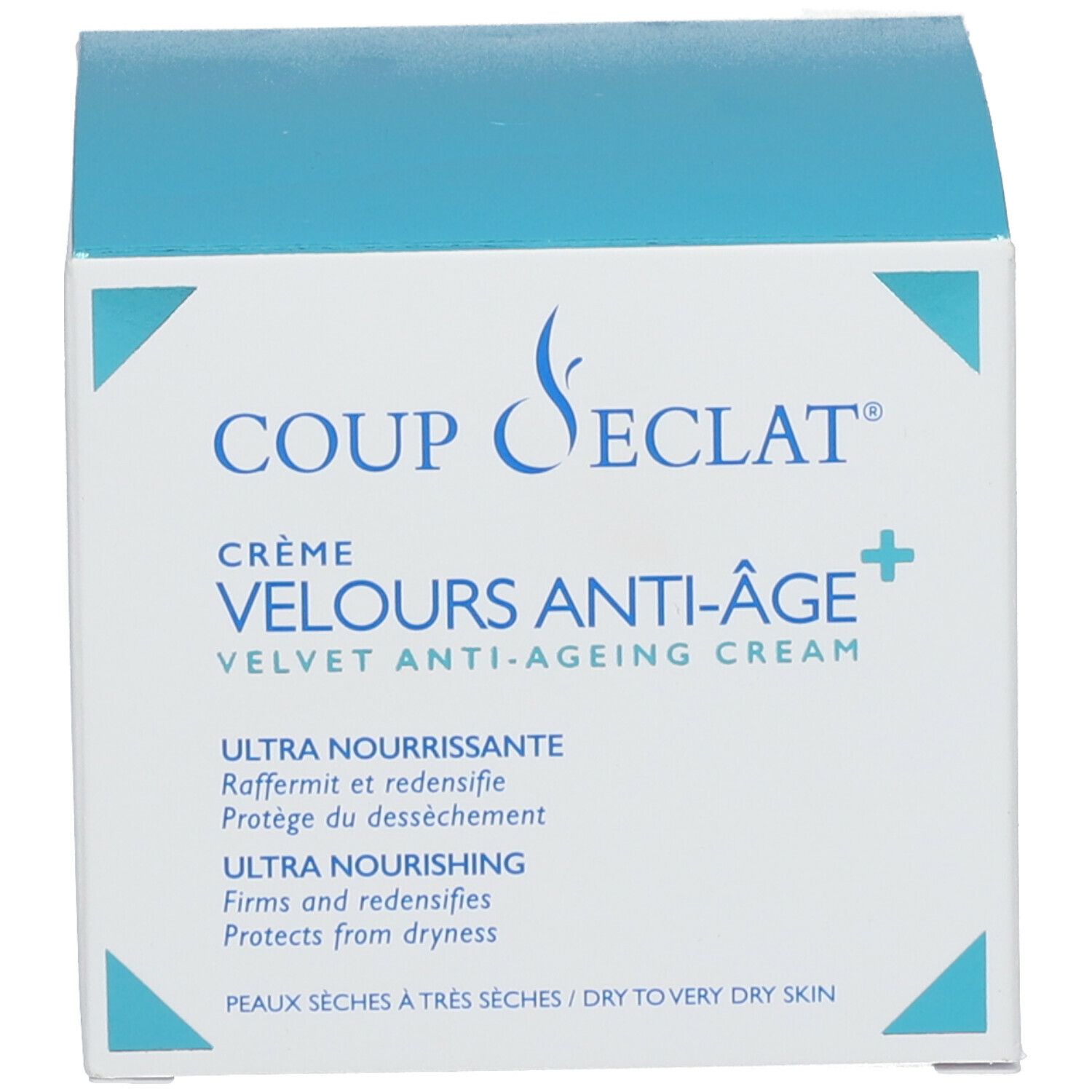 Doos met Coup d'Eclat® Crème Velours Anti-Âge. Ultra voedend, verstevigt, beschermt tegen uitdroging. Droge huid.