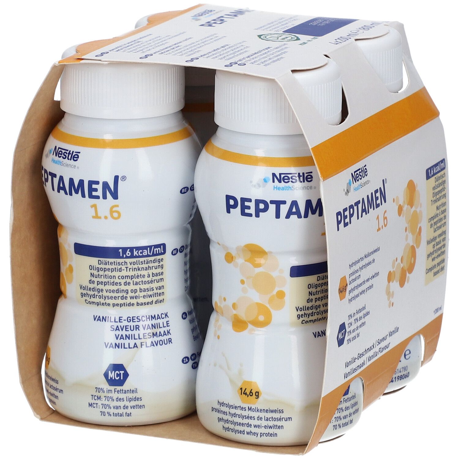 Nestlé Peptamen 1.6 Vanille, 2 bouteilles dans un emballage en carton. Inscriptions : 1,6 kcal/ml, goût vanille, protéines de lactosérum hydrolysées.