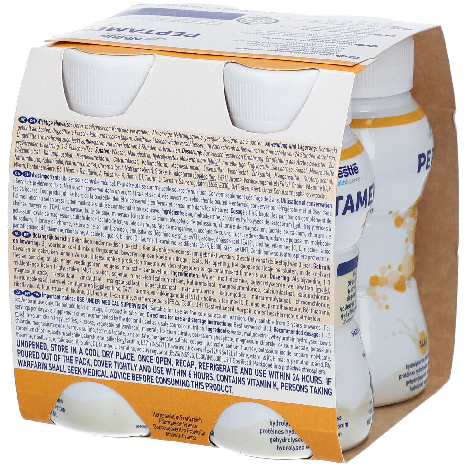 Nestlé Peptamen 1.6 Vanille, 4 bouteilles en carton. Texte au dos. Inscriptions : 1,6 kcal/ml, goût vanille, protéines de lactosérum hydrolysées.
