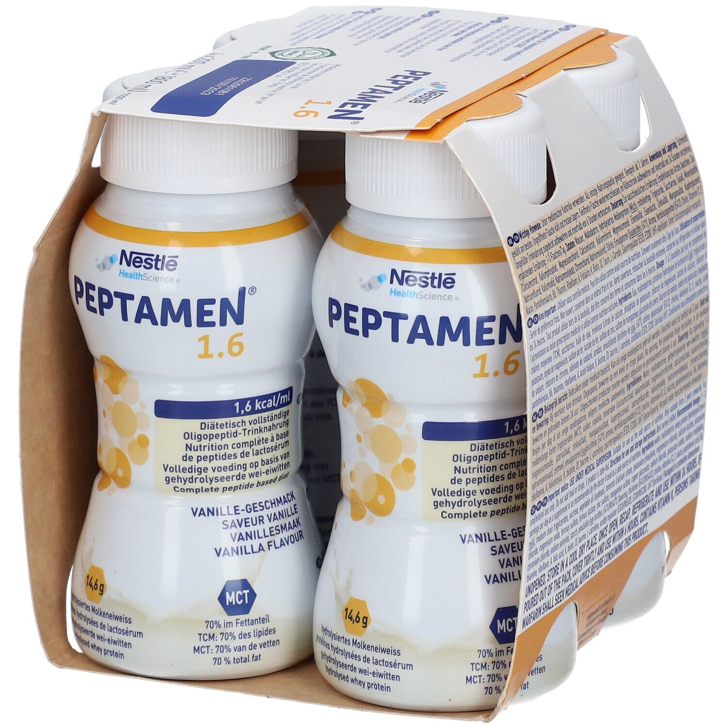 Nestlé Peptamen 1.6 Vanille, 2 bouteilles dans un emballage en carton. Inscriptions : 1,6 kcal/ml, goût vanille, protéines de lactosérum hydrolysées.