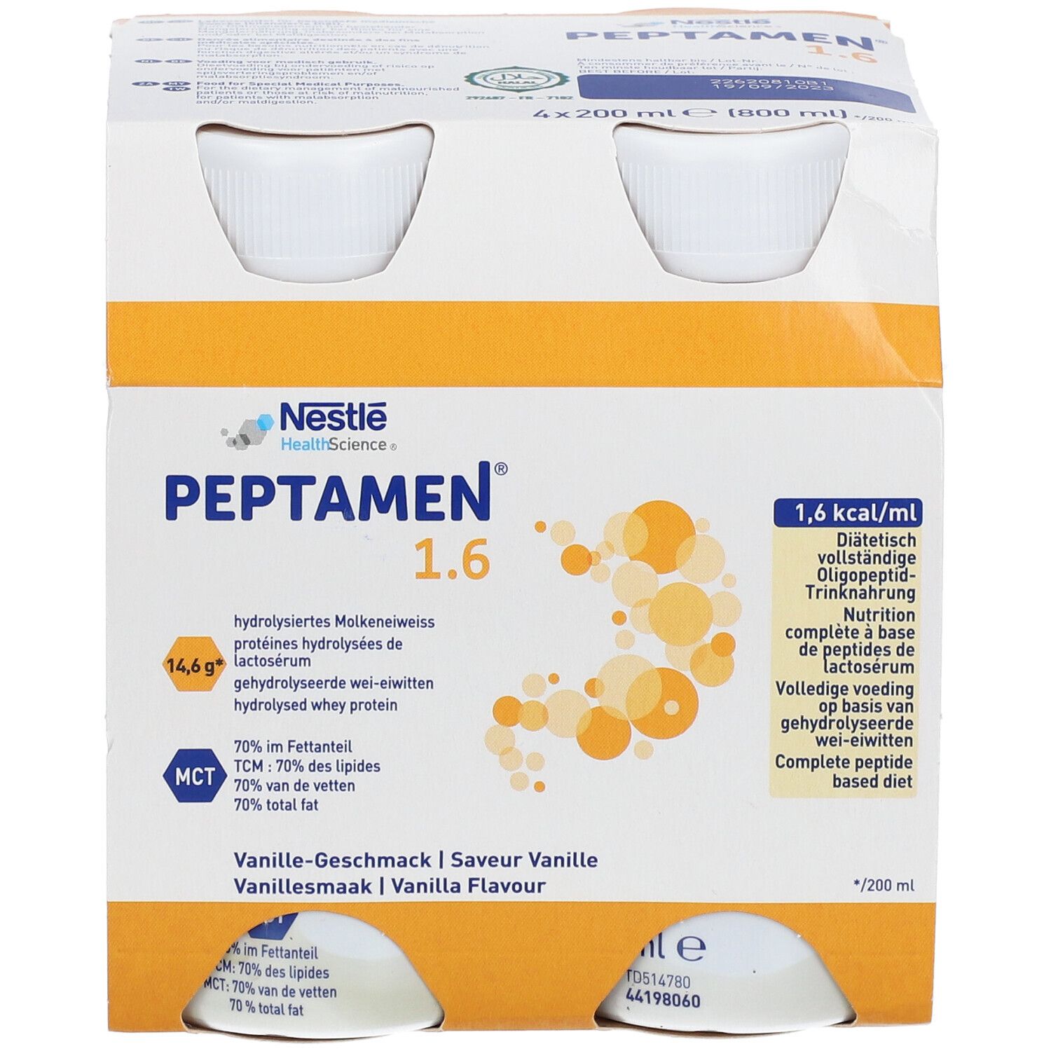 Nestlé Peptamen 1.6 Vanille, emballage carton de 4 bouteilles. Inscriptions : 1,6 kcal/ml, goût vanille, protéines de lactosérum hydrolysées.