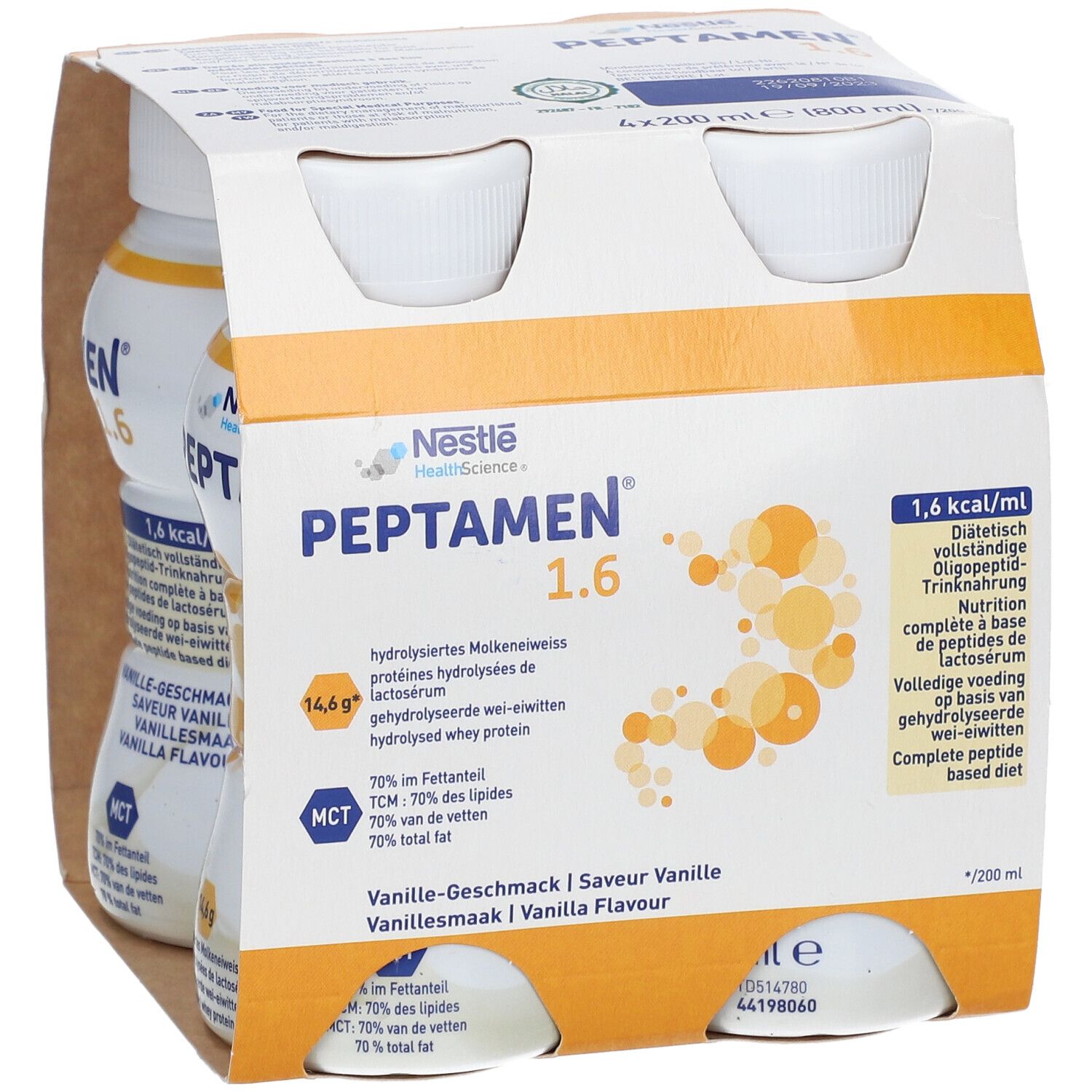 Nestlé Peptamen 1.6 Vanille, emballage carton de 4 bouteilles. Inscriptions : 1,6 kcal/ml, goût vanille, protéines de lactosérum hydrolysées.