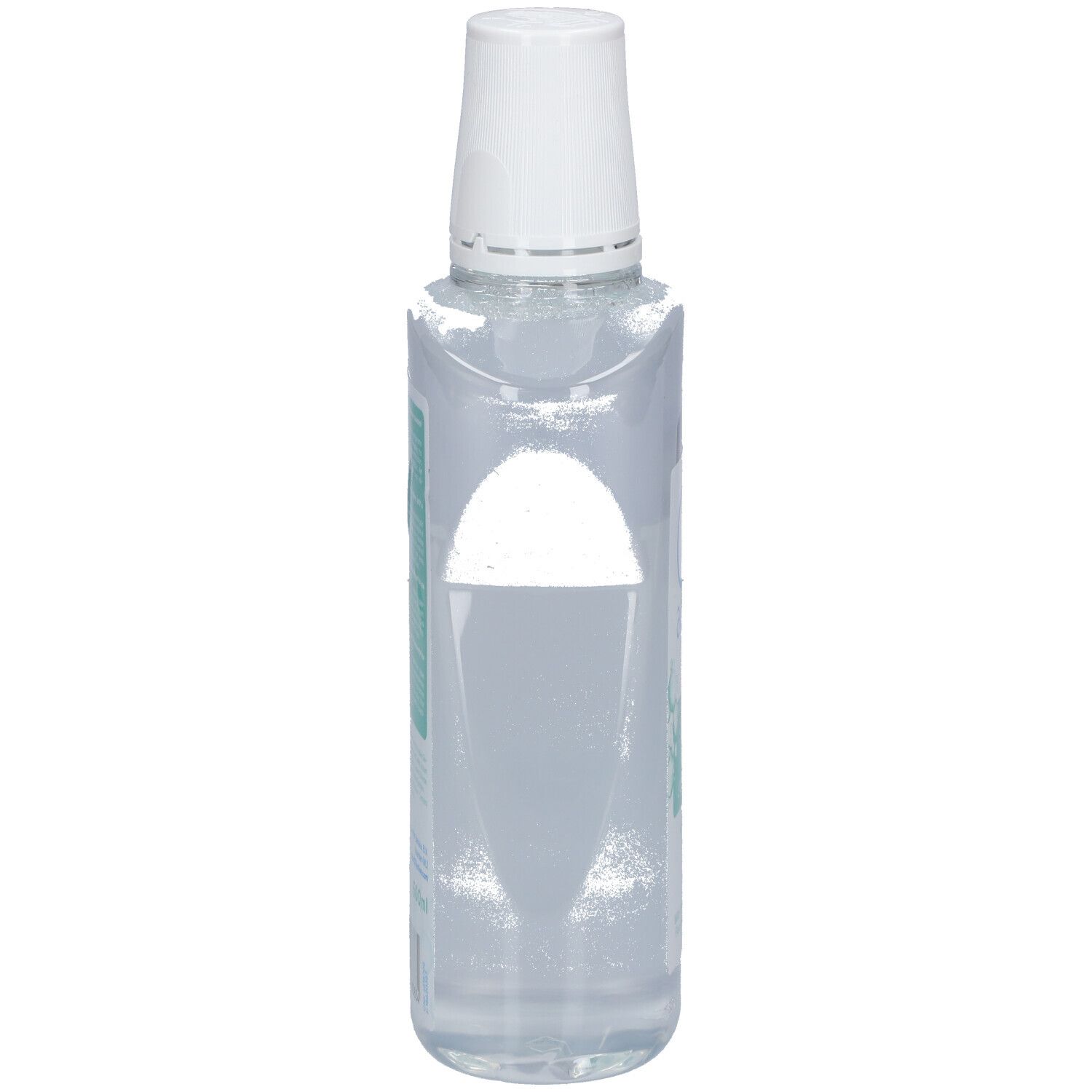 Durchsichtige Flasche mit weißem Verschluss. Seitenansicht, Etikett teilweise sichtbar.