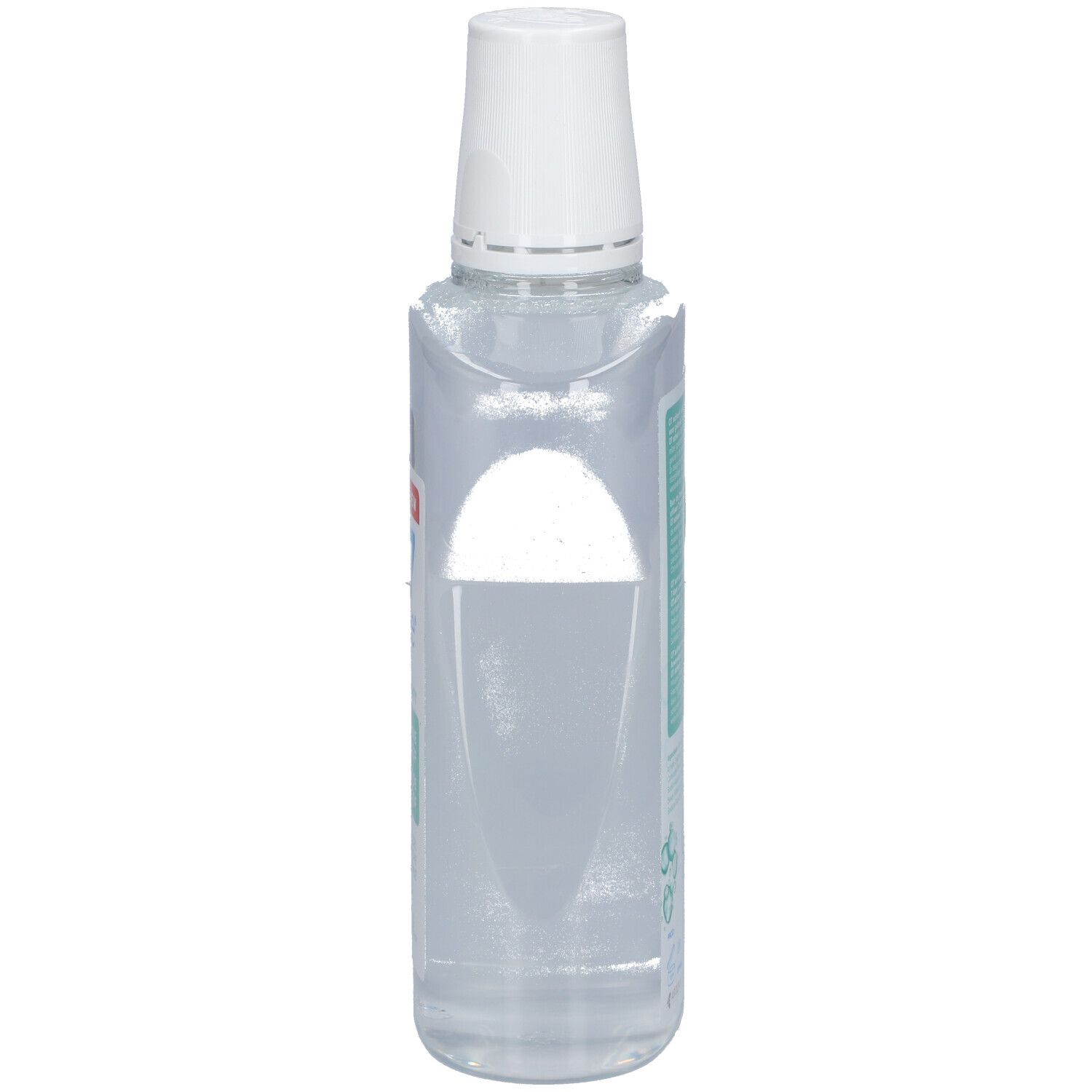 Durchsichtige Flasche mit weißem Verschluss. Seitenansicht, Etikett teilweise sichtbar.