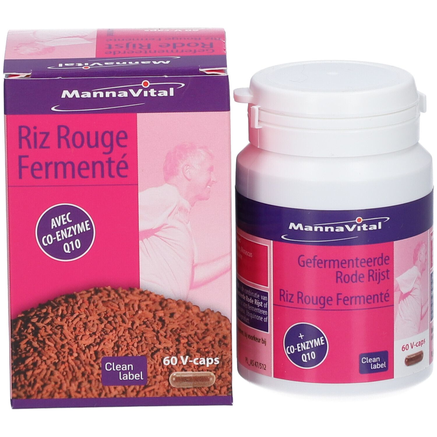 Emballage du produit avec flacon et boîte. Inscription: Mannavital, Riz Rouge Fermenté, 60 V-caps. Étiquette rose avec texte et logo.