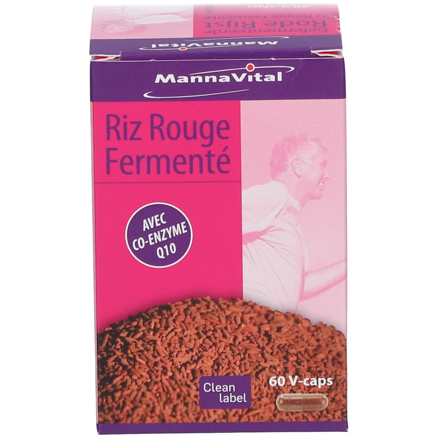 Emballage du produit. Inscription: Mannavital, Riz Rouge Fermenté, 60 V-caps. Étiquette rose avec texte et logo.