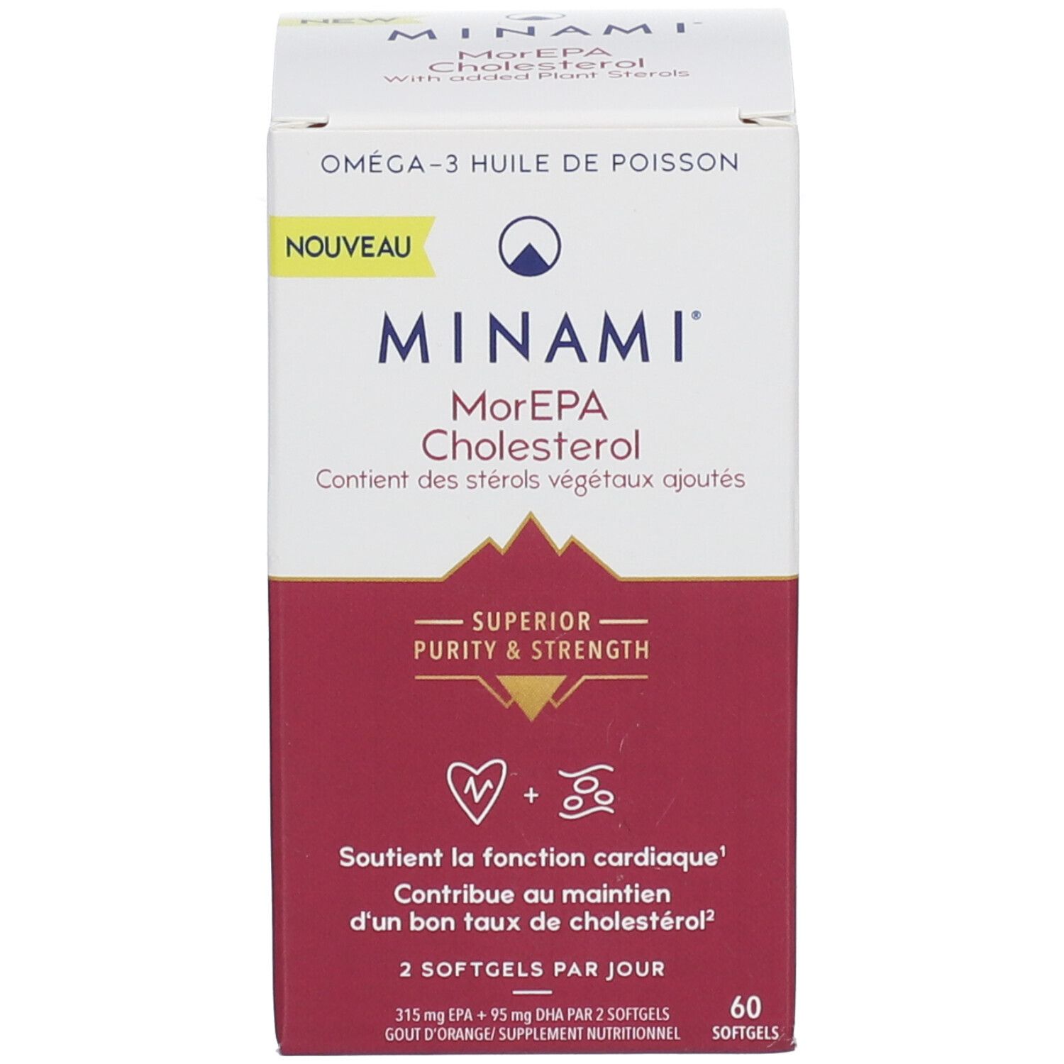 Emballage du produit. Inscription: MINAMI MorEPA Cholestérol. Contient 60 gélules. Huile Oméga-3.