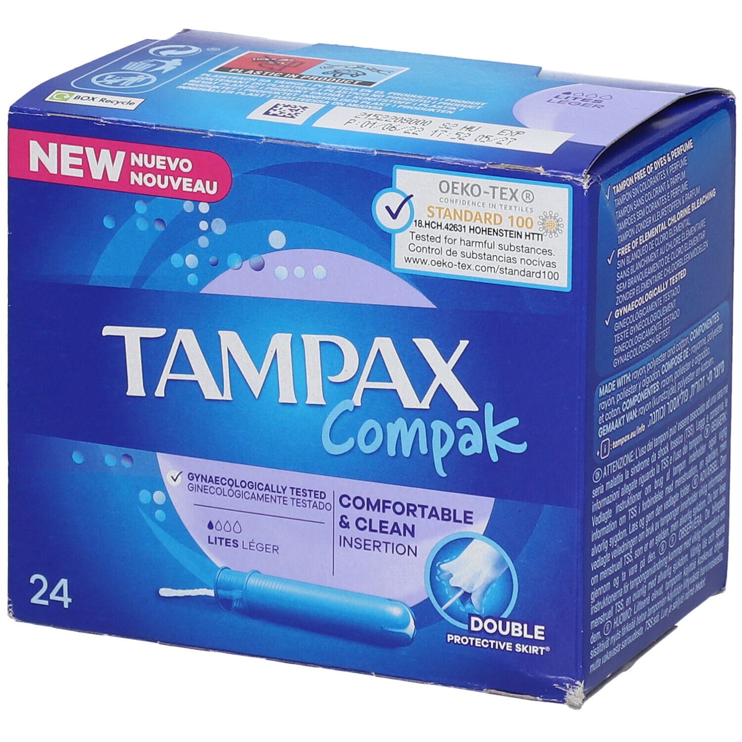 Boîte bleue et blanche de TAMPAX Compak Lites. 24 unités. Certification Oeko-Tex. Insertion confortable et propre.