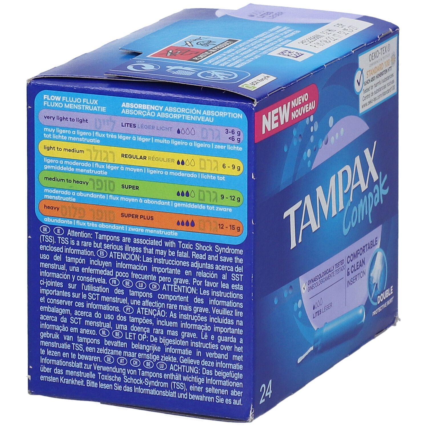 Dos de l'emballage TAMPAX Compak Lites. Informations sur l'absorption et l'utilisation. 24 unités. Avertissement.
