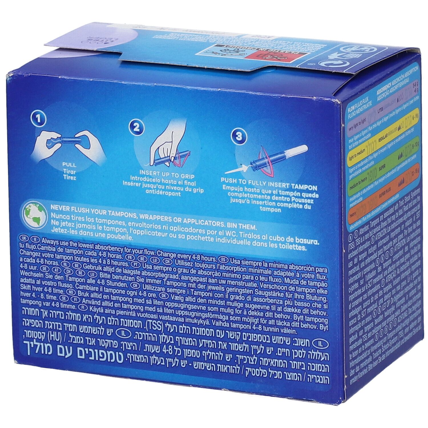 Instructions d'utilisation de TAMPAX Compak Lites. Illustrations et texte. Conseils d'élimination. Ne pas jeter dans les toilettes.