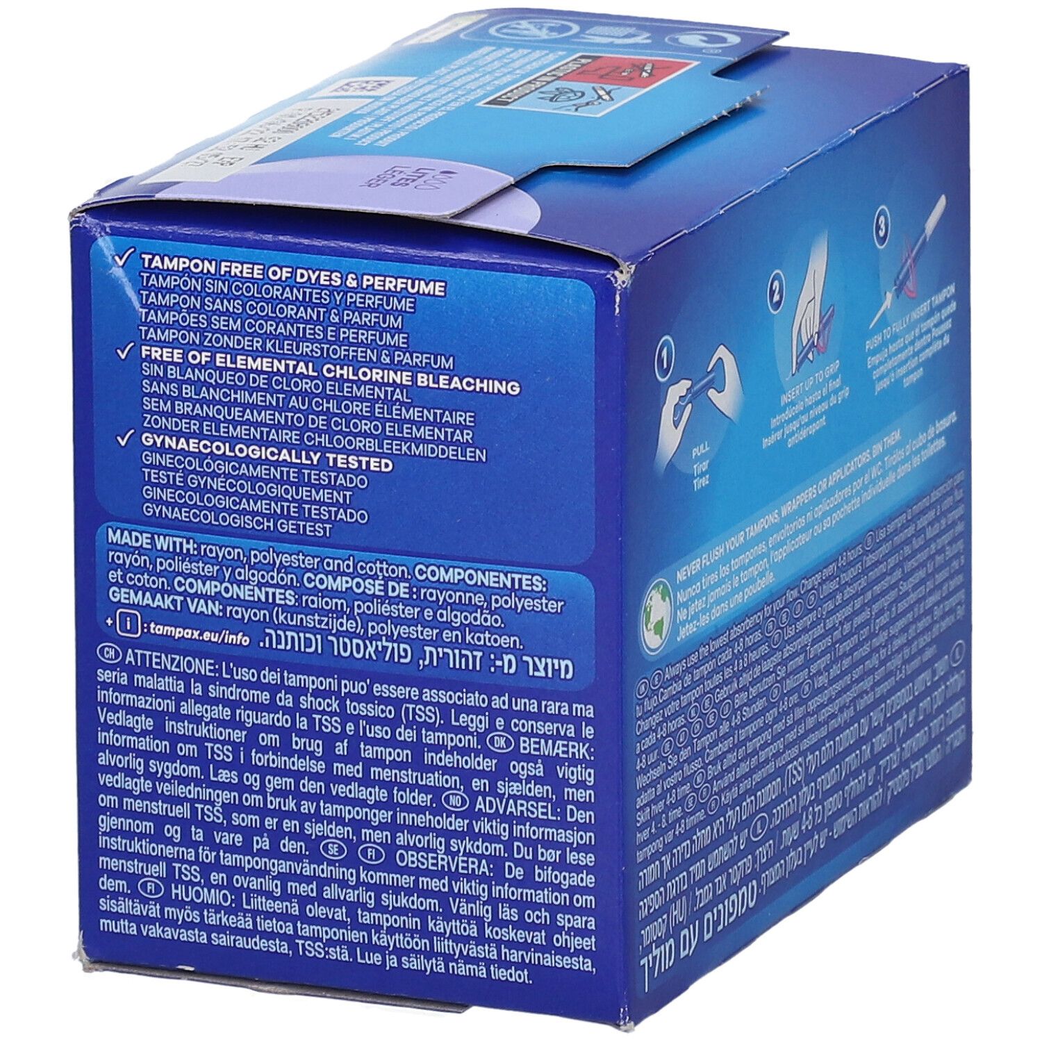 Emballage de TAMPAX Compak Lites. Texte : Sans colorants et parfum. Testé gynécologiquement. Composition du matériau.