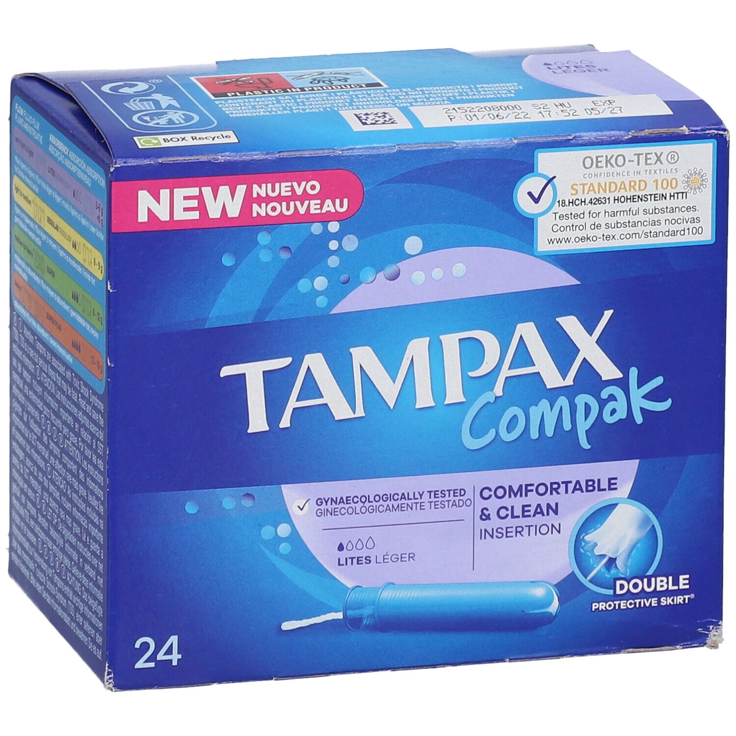 Boîte bleue et blanche de TAMPAX Compak Lites. 24 unités. Certification Oeko-Tex. Insertion confortable et propre.