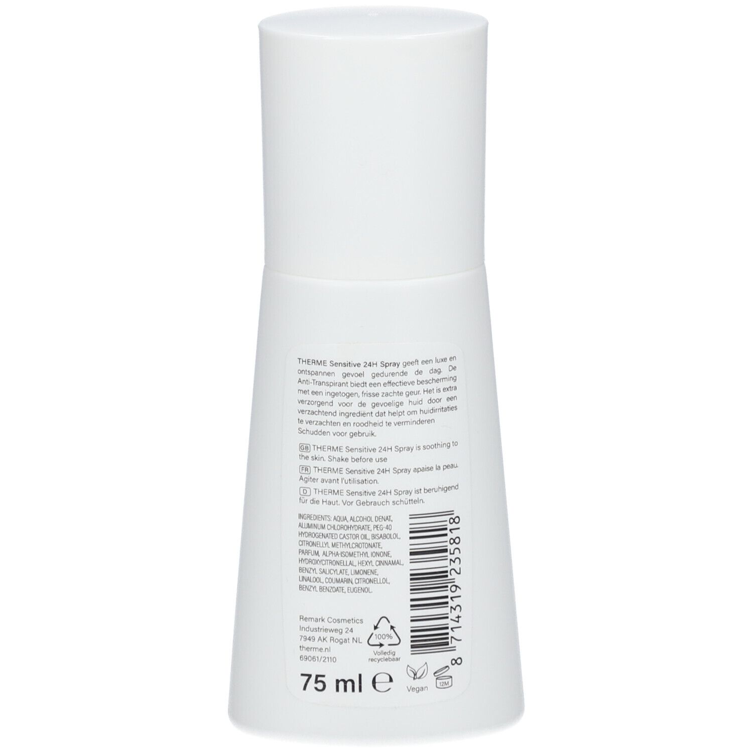 Weißer Roll-on-Behälter. Rückseite mit Text. Inhaltsstoffe, Herstellerinformationen, Recycling-Symbol. 75 ml.