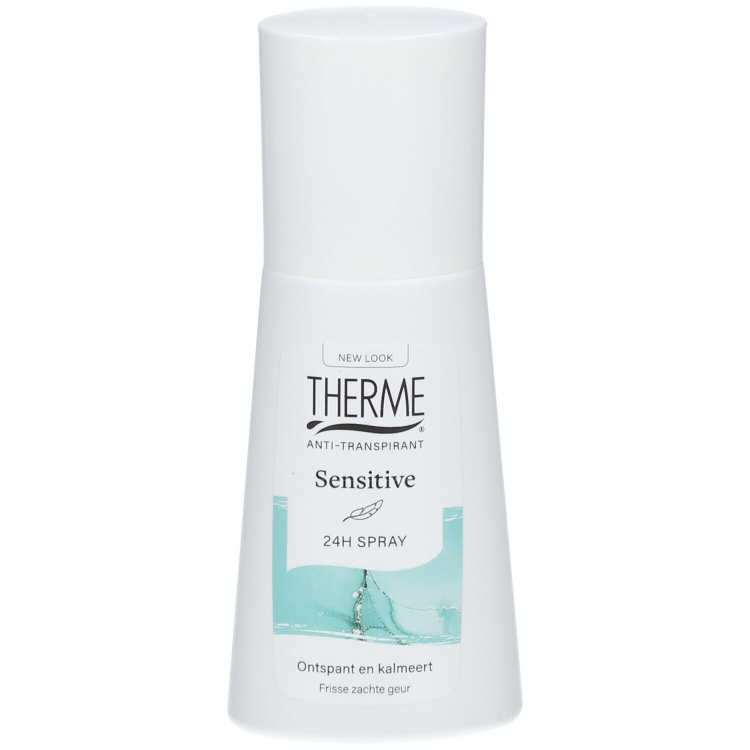Weißer Roll-on-Behälter. Aufschrift THERME, Antitranspirant Sensitive, 24H Spray. Türkisfarbene Grafik.