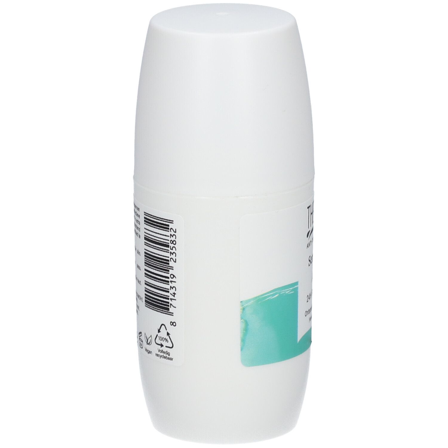 Weißer Roll-on-Deo-Behälter mit Barcode und Text. Türkisfarbener Streifen mit Text. Vegan- und Recycling-Symbole.