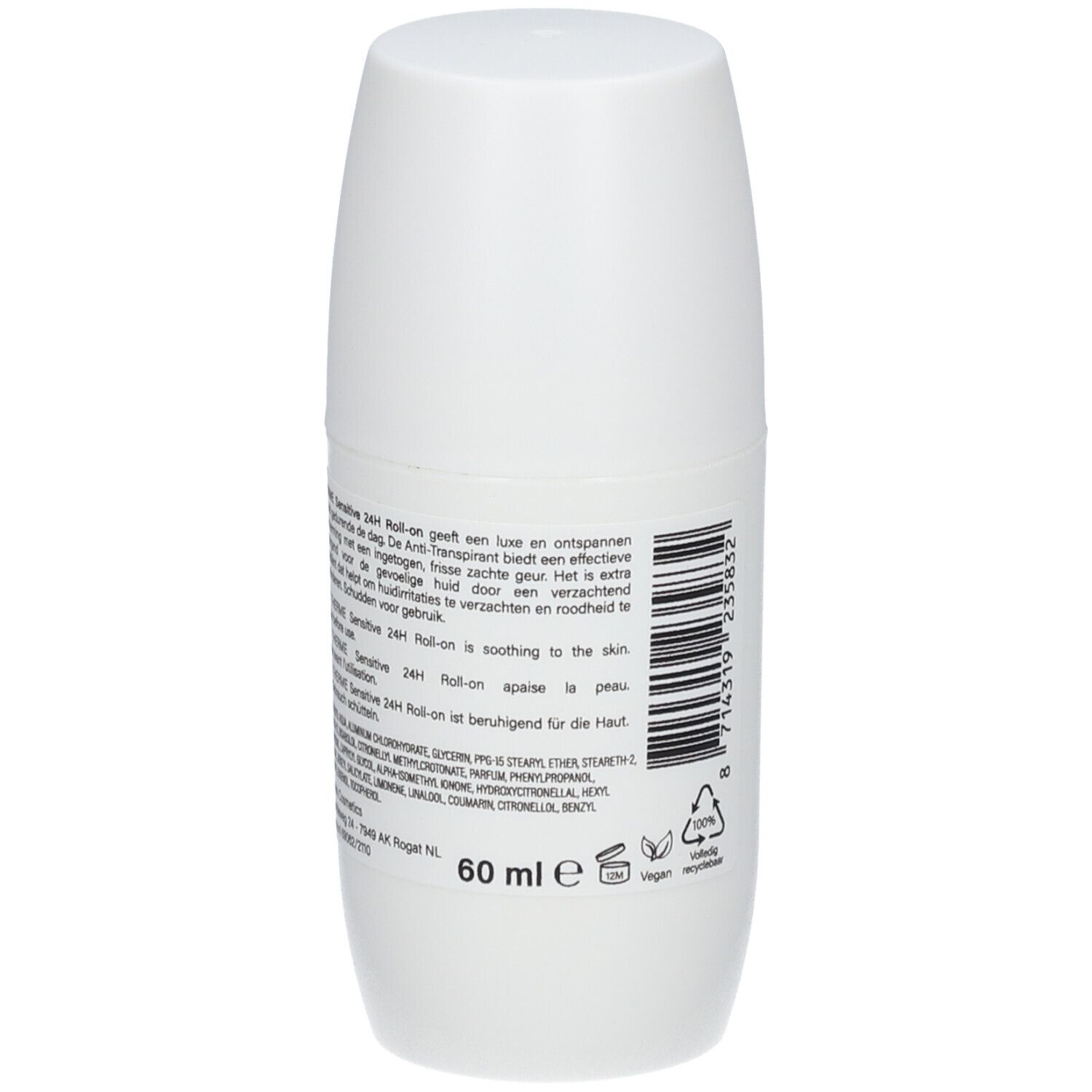 Weißer Roll-on-Deo-Behälter mit Text. Text in mehreren Sprachen. 60 ml. Vegan- und Recycling-Symbole.
