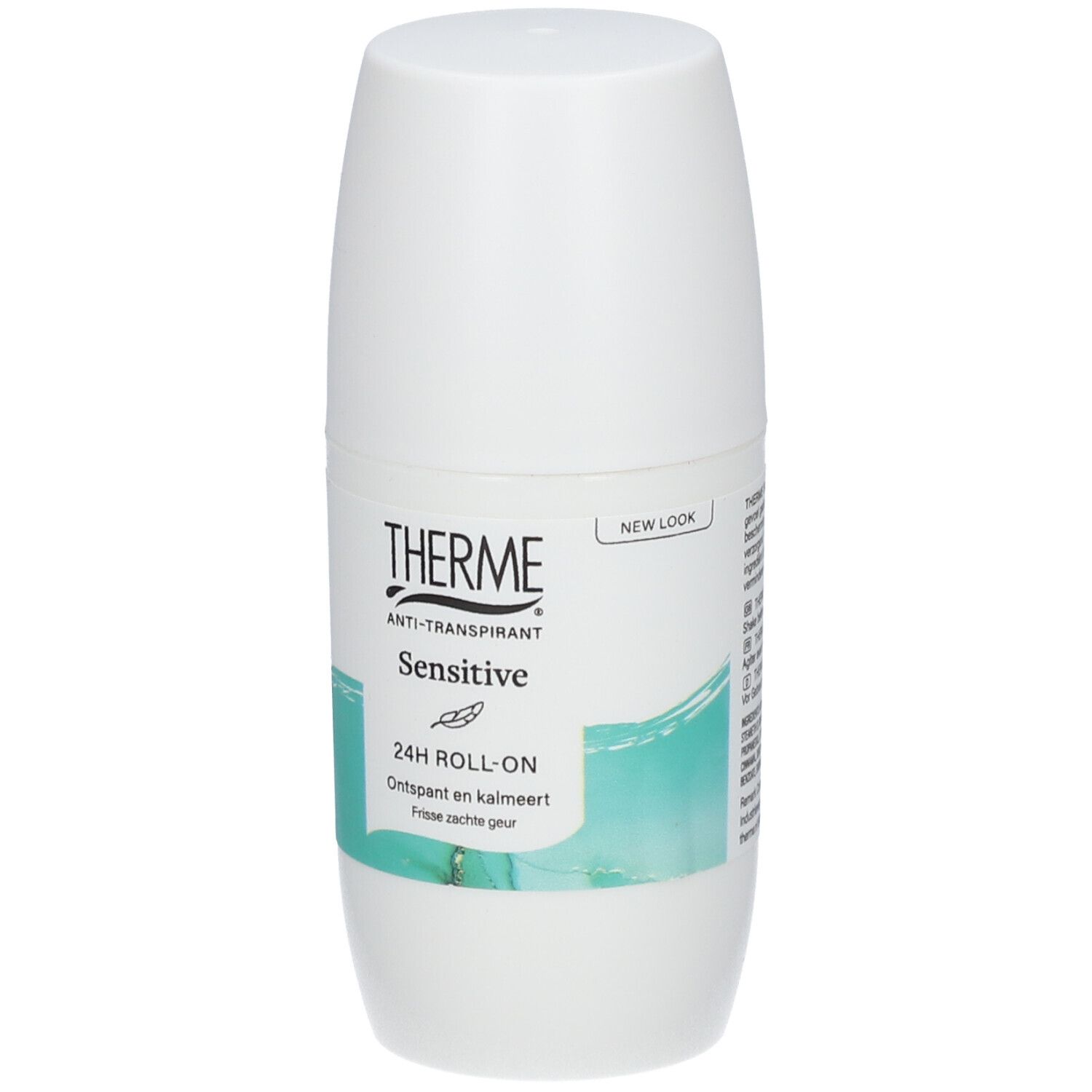 Weißer Roll-on-Deo-Behälter. THERME Anti-Transpirant Sensitive. 24H Roll-on. Türkisfarbener Streifen. 'New Look'.