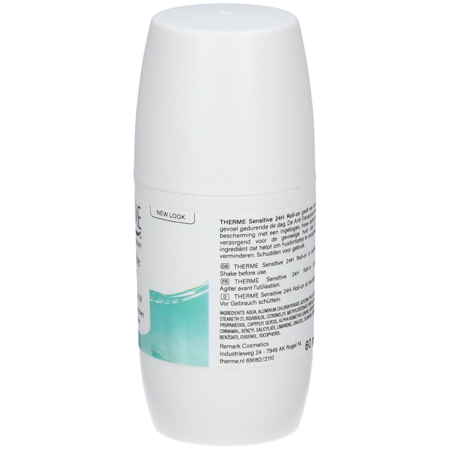 Weißer Roll-on-Deo-Behälter. THERME Anti-Transpirant Sensitive. 24H Roll-on. Türkisfarbener Streifen.
