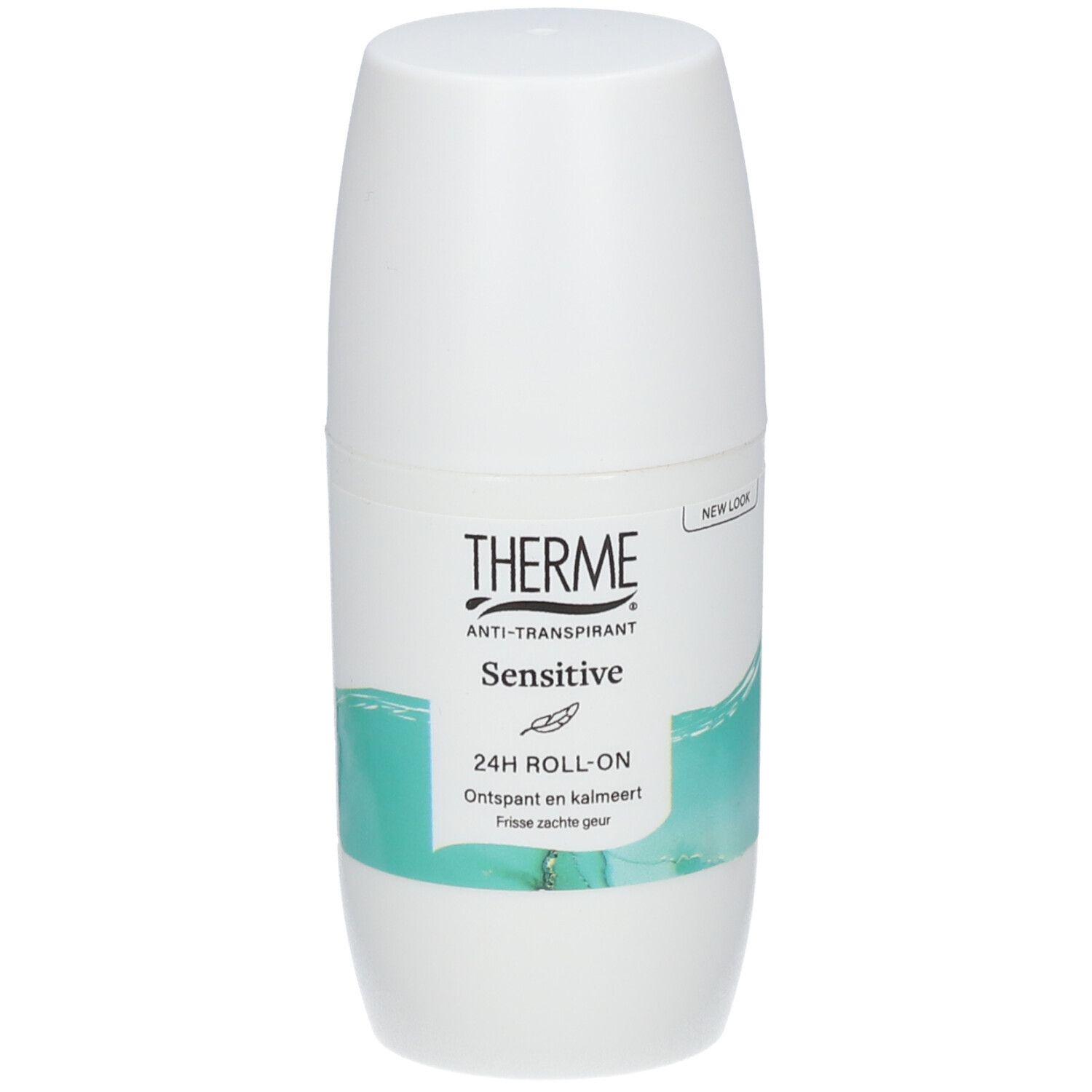 Weißer Roll-on-Deo-Behälter. THERME Anti-Transpirant Sensitive. 24H Roll-on. Türkisfarbener Streifen.