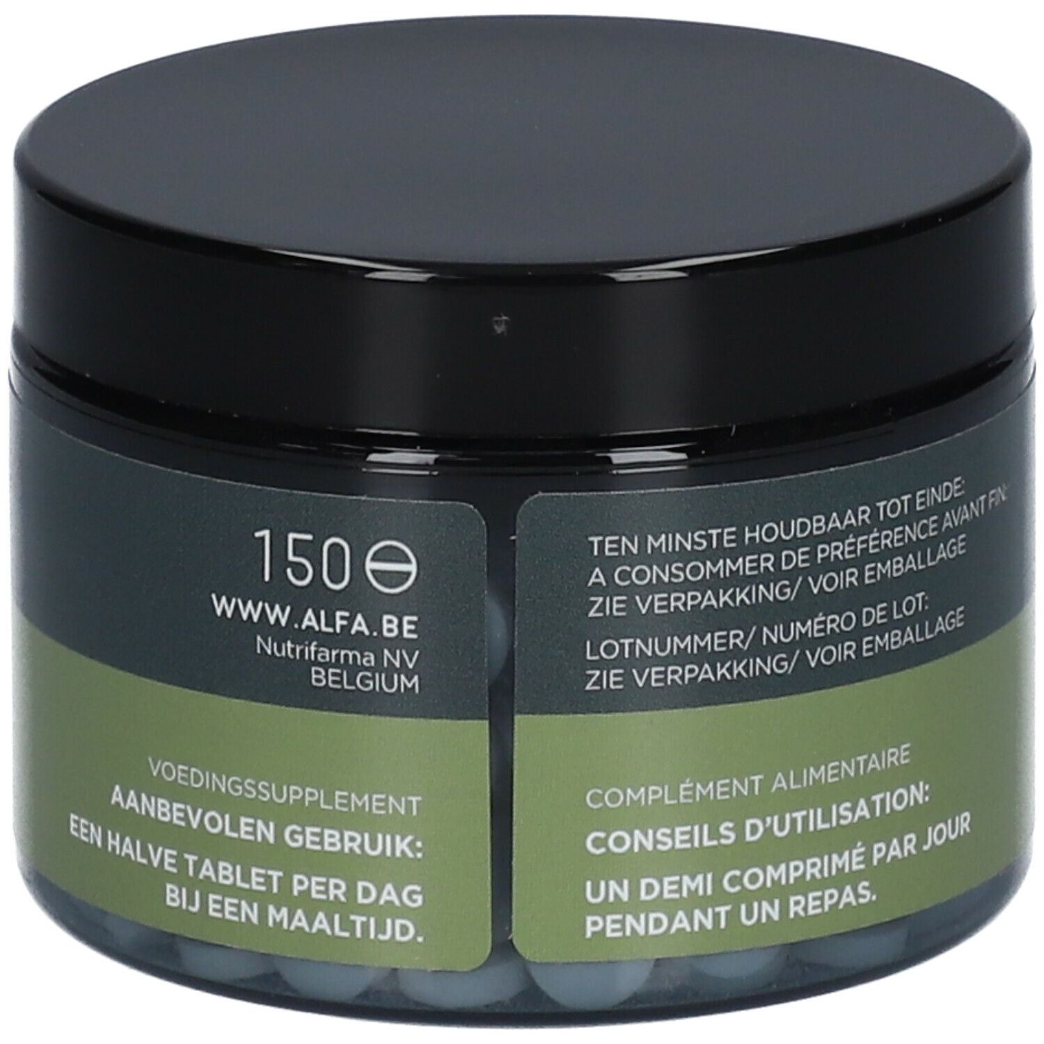 Pot avec couvercle noir. Inscription : 150e, www.alfa.be. Texte : Complément alimentaire, posologie. Comprimés visibles.