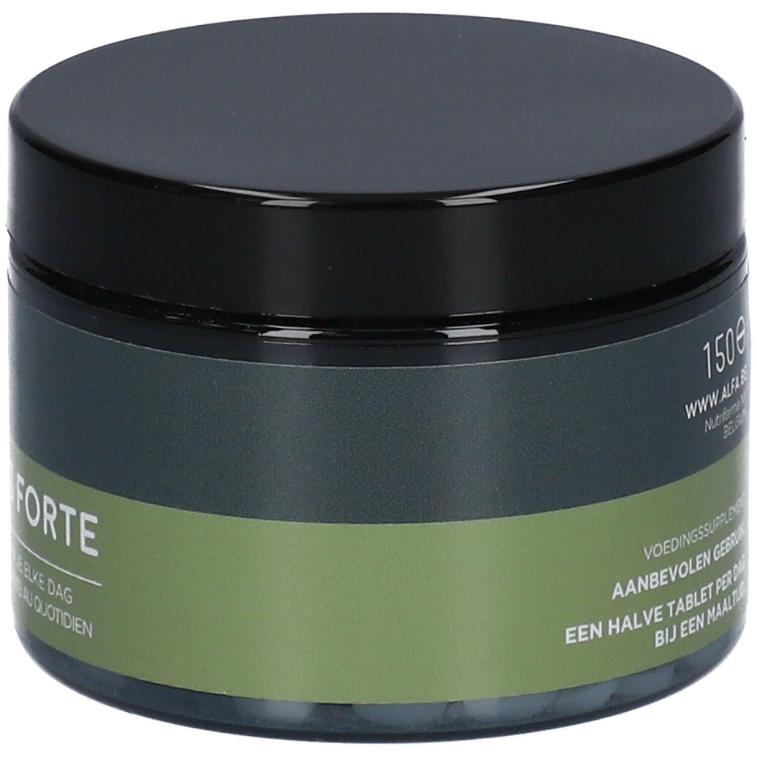Pot avec couvercle noir. Inscription : Forte, 150e, www.alfa.be. Texte : Complément alimentaire, posologie. Comprimés visibles.