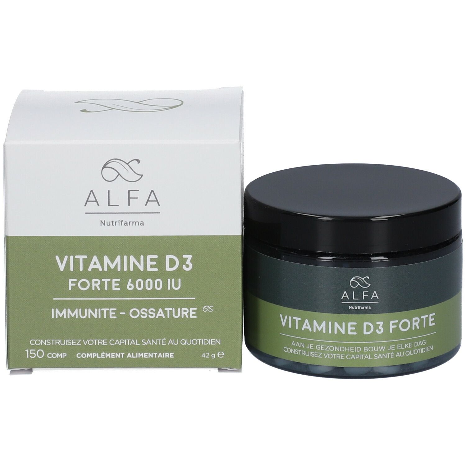 Pot et boîte. Inscription : ALFA, Vitamine D3 Forte 6000 UI. Texte : Immunité, ossature. 150 comp, 42g.