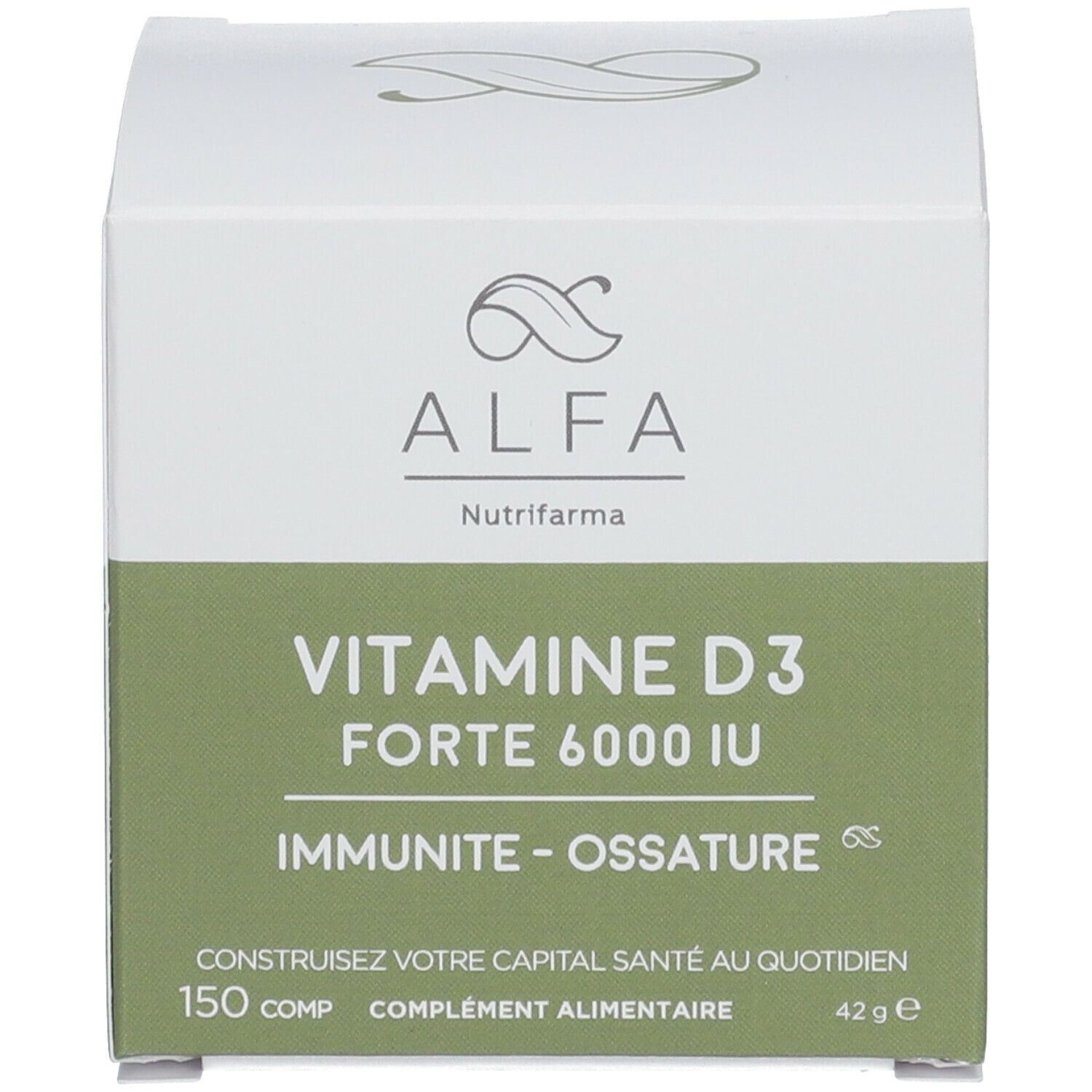 Boîte blanche. Inscription : ALFA, Vitamine D3 Forte 6000 UI. Texte : Immunité, ossature. 150 comp, 42g.