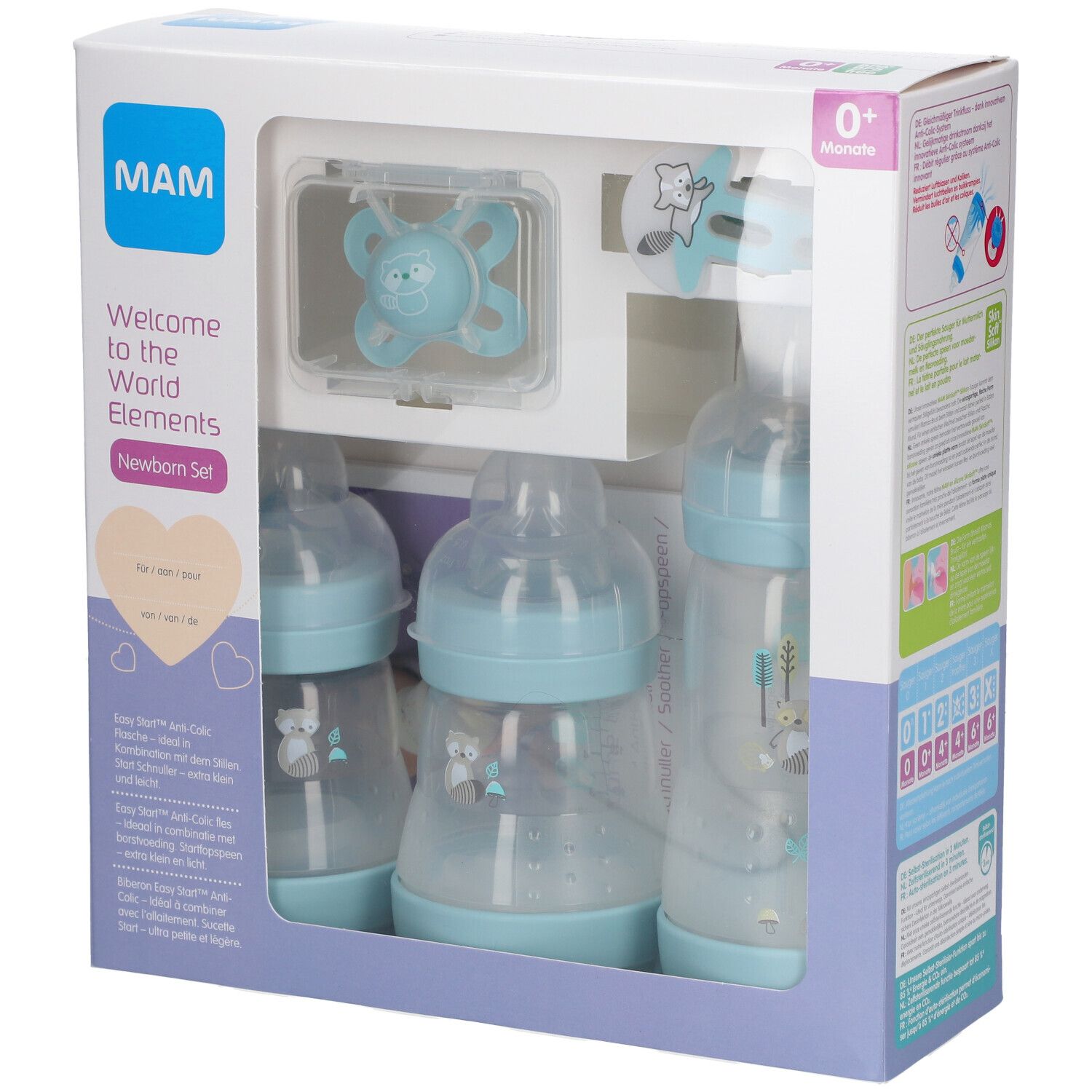 Coffret cadeau nouveau-né bleu-vert. Comprend biberons, sucettes et accessoires dans un emballage avec le logo MAM.