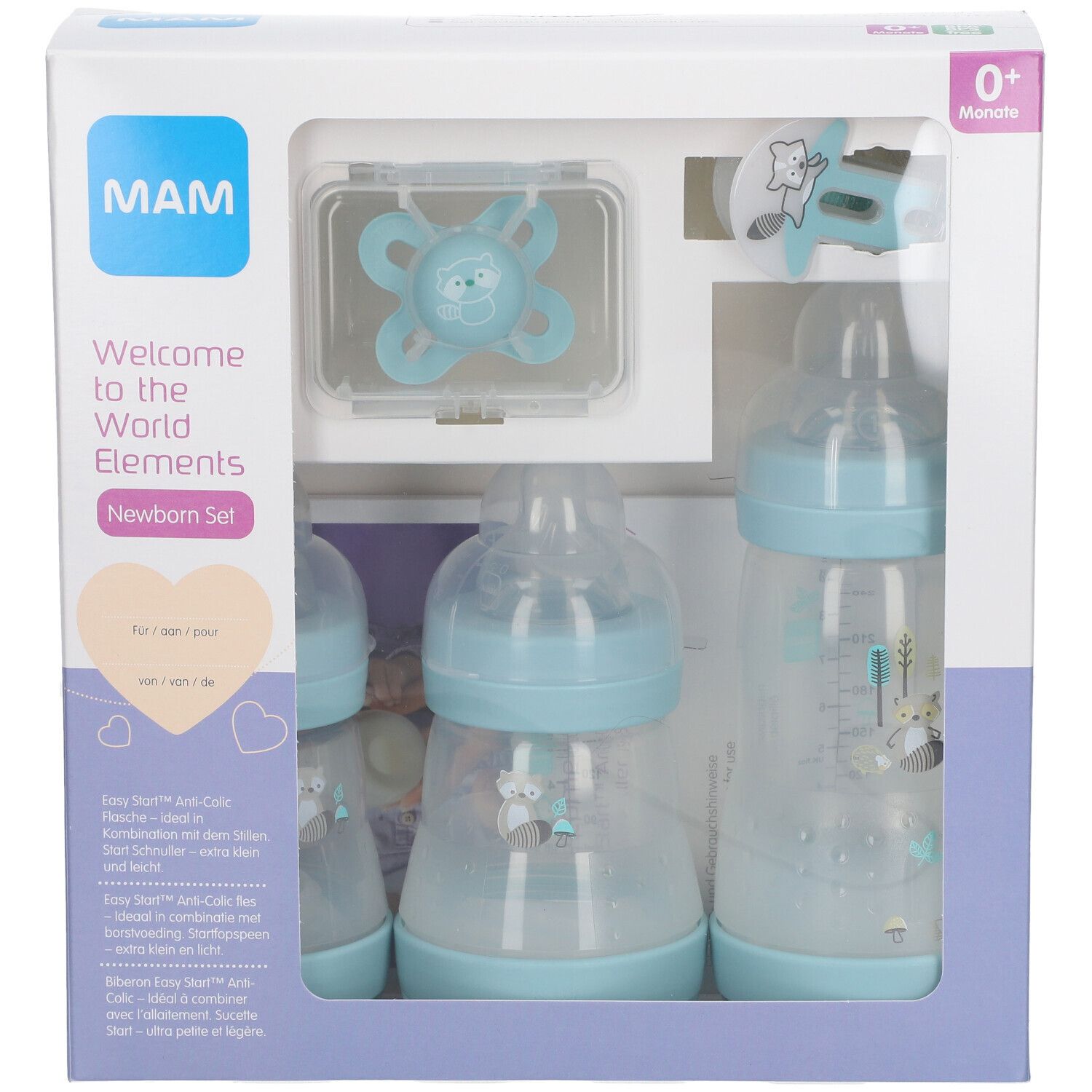 Coffret cadeau nouveau-né, bleu-vert. Comprend biberons, sucettes et accessoires dans un emballage ouvert avec le logo MAM.