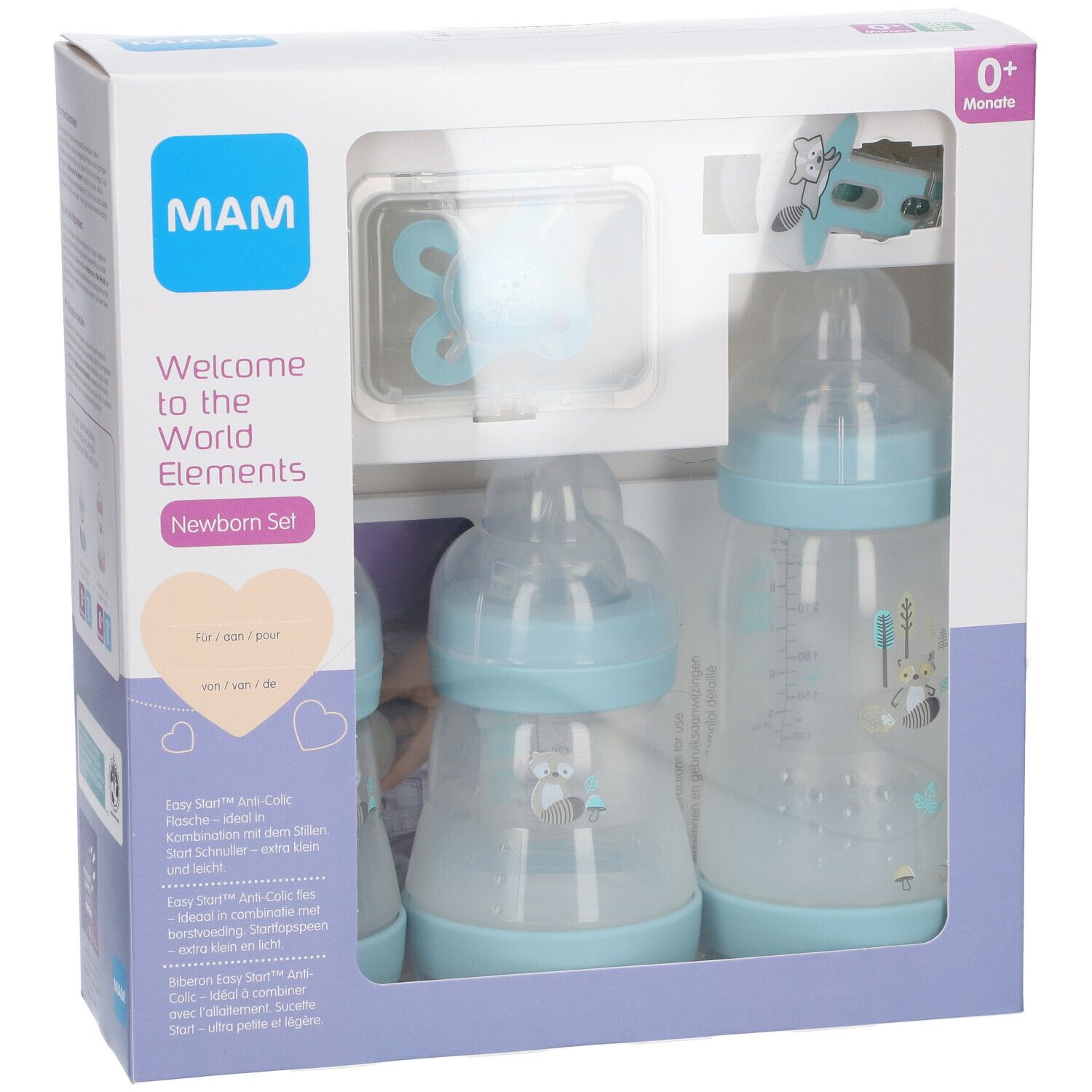 Coffret cadeau nouveau-né, bleu-vert. Comprend biberons, sucettes et accessoires dans un emballage ouvert avec le logo MAM.