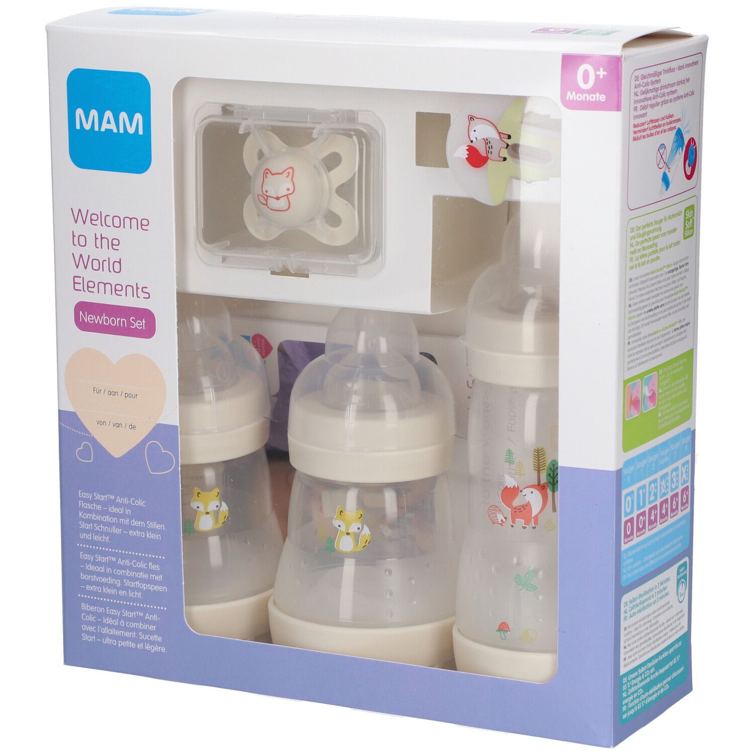 Coffret cadeau nouveau-né. Comprend biberons, sucette et accessoires. Emballé dans une boîte avec nom et logo du produit.