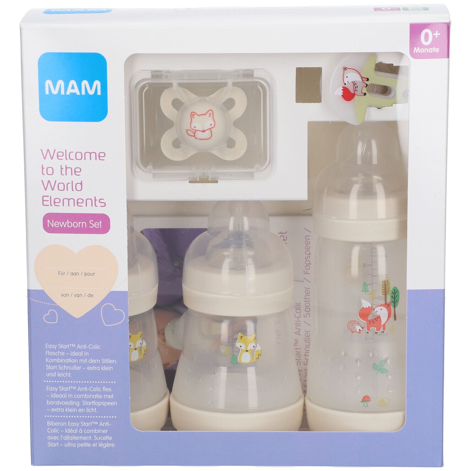 Coffret cadeau nouveau-né. Comprend biberons, sucette et accessoires. Emballage avec nom et logo du produit.
