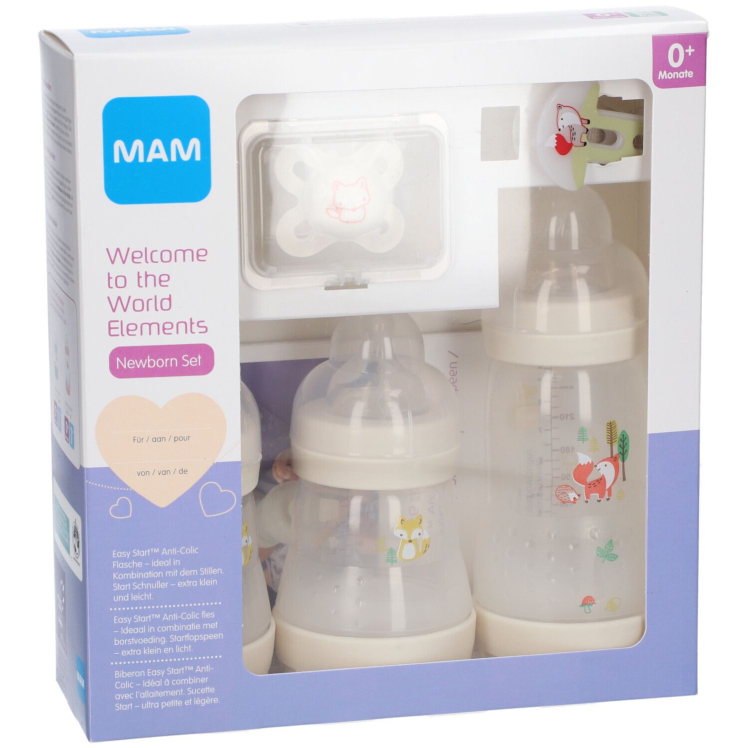 Coffret cadeau nouveau-né. Comprend biberons, sucette et accessoires. Emballage avec nom et logo du produit.