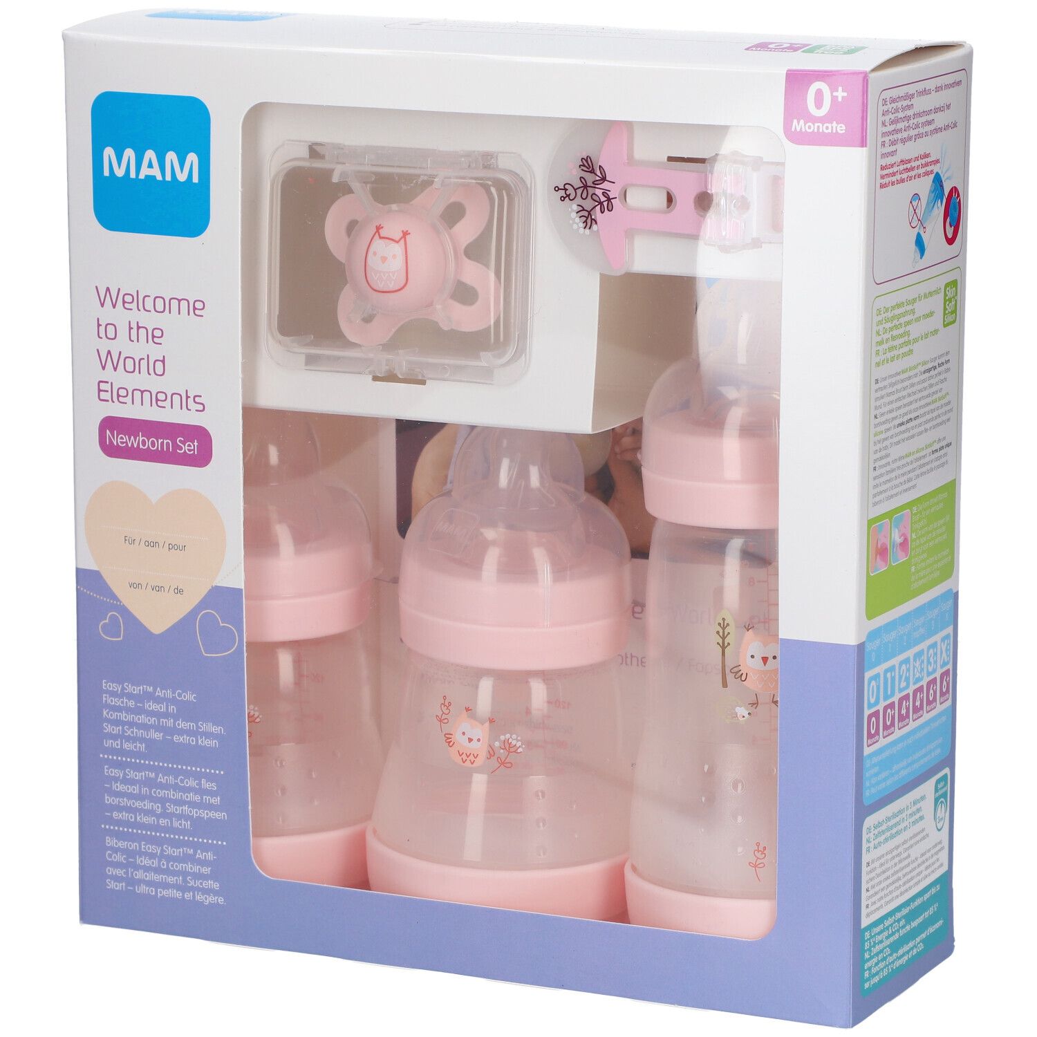 Coffret cadeau nouveau-né rose. Comprend biberons, sucette et attache-sucette. Logo MAM et nom du produit visibles.