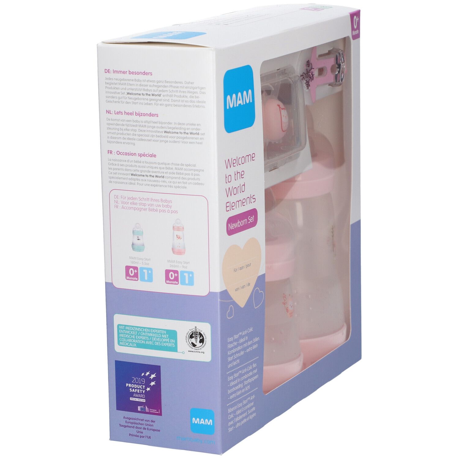 Emballage du coffret cadeau nouveau-né. Boîte rose et blanche avec logo MAM. Nom du produit et informations multilingues.