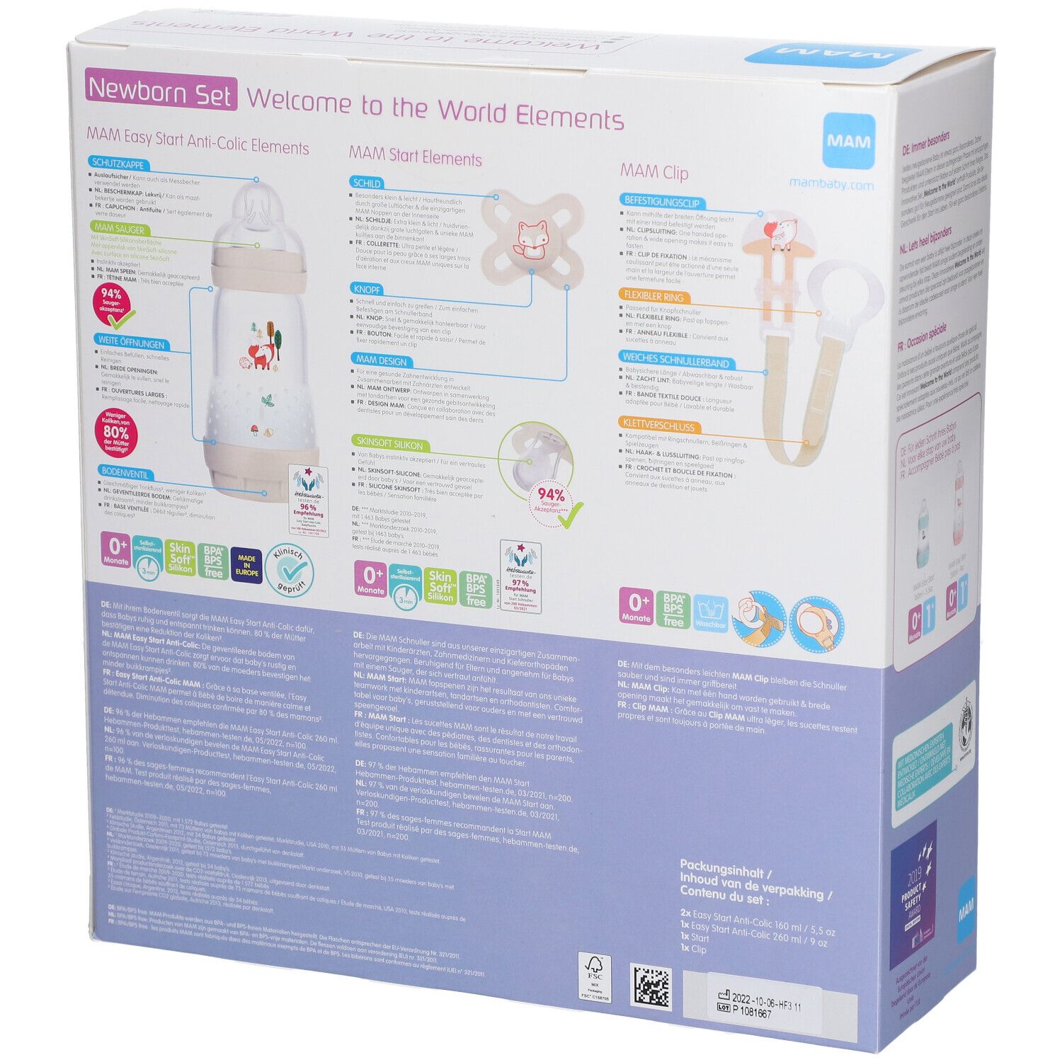 Dos de l'emballage du coffret cadeau. Montre les composants du produit, le logo MAM et des informations. Boîte rose et blanche.