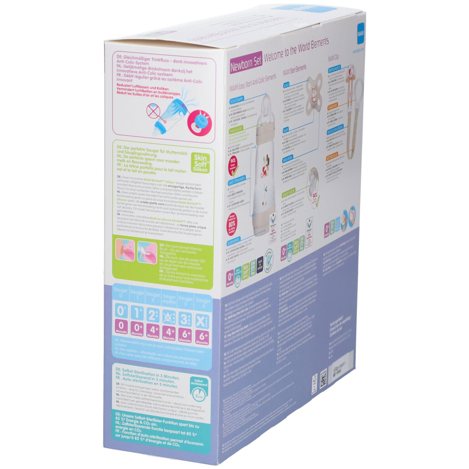 Vue latérale de l'emballage du coffret cadeau. Affiche les informations sur le produit et le logo MAM. Boîte rose et blanche.